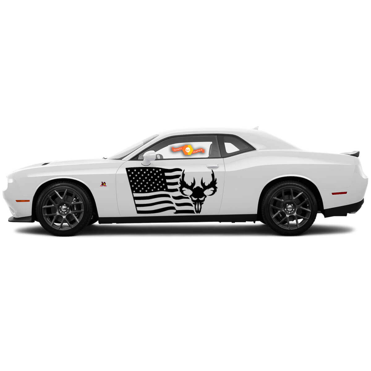 2 Seiten Dodge Challenger USA Flagge Totenkopf Tür Seiten Vinyl Aufkleber Grafik Aufkleber
