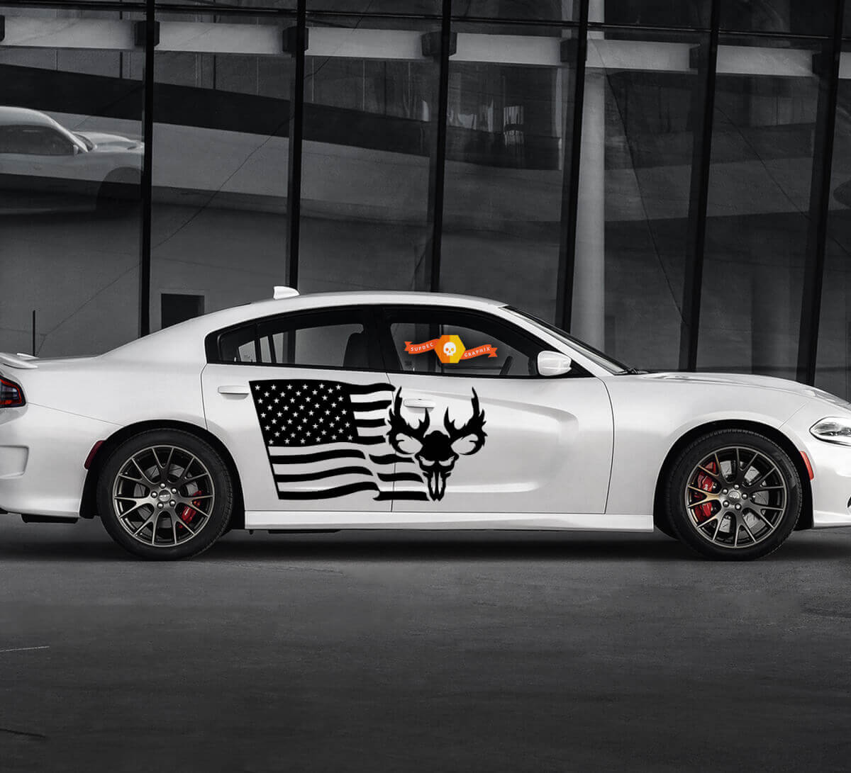 2 Seiten USA Flagge Totenkopf Tür Seiten Vinyl Aufkleber Grafiken Sticker 2 für Dodge Charger