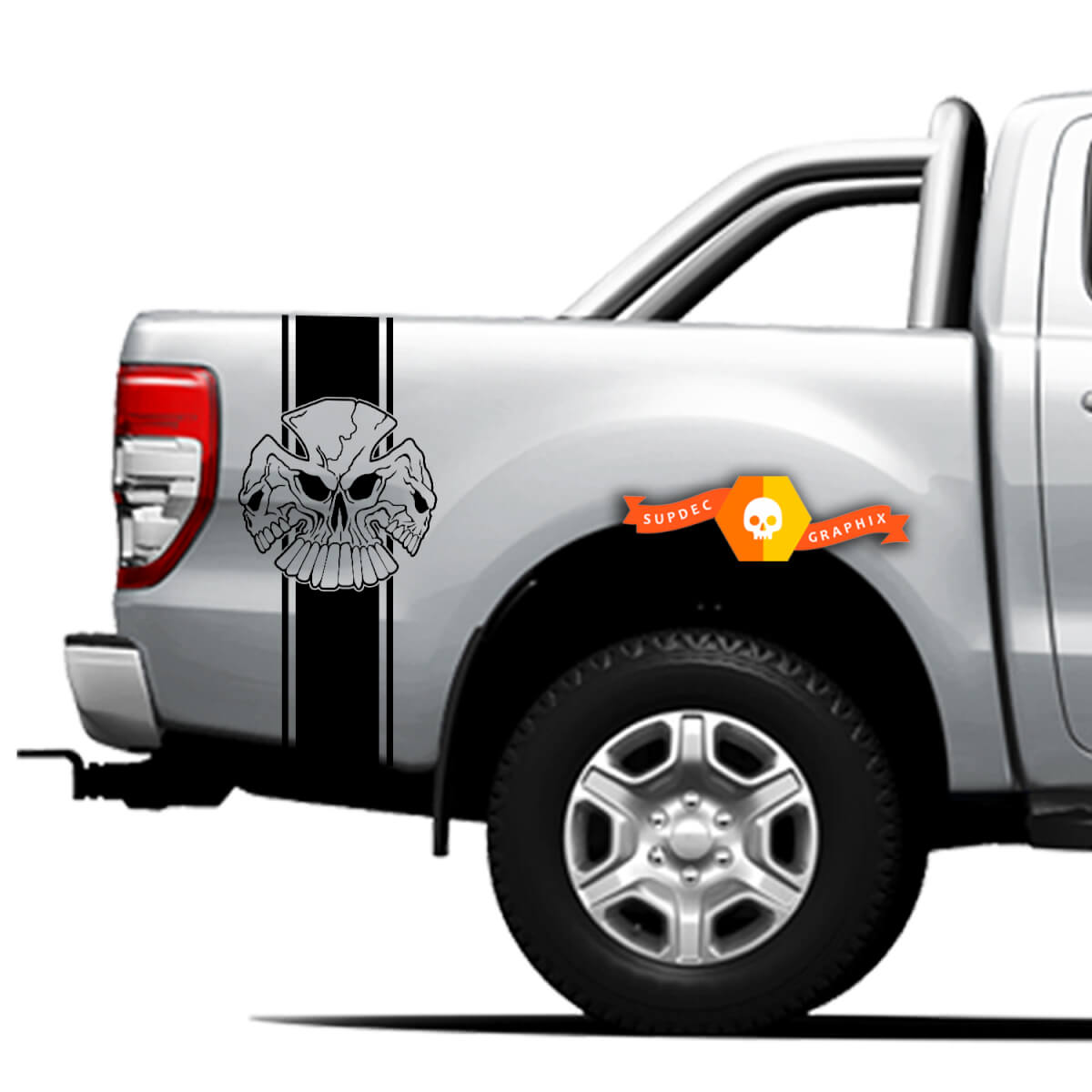Paar Vinyl-Aufkleber Seitliche 4x4-Grafik für Ford Ranger Off Road, Triple Skull 2021
