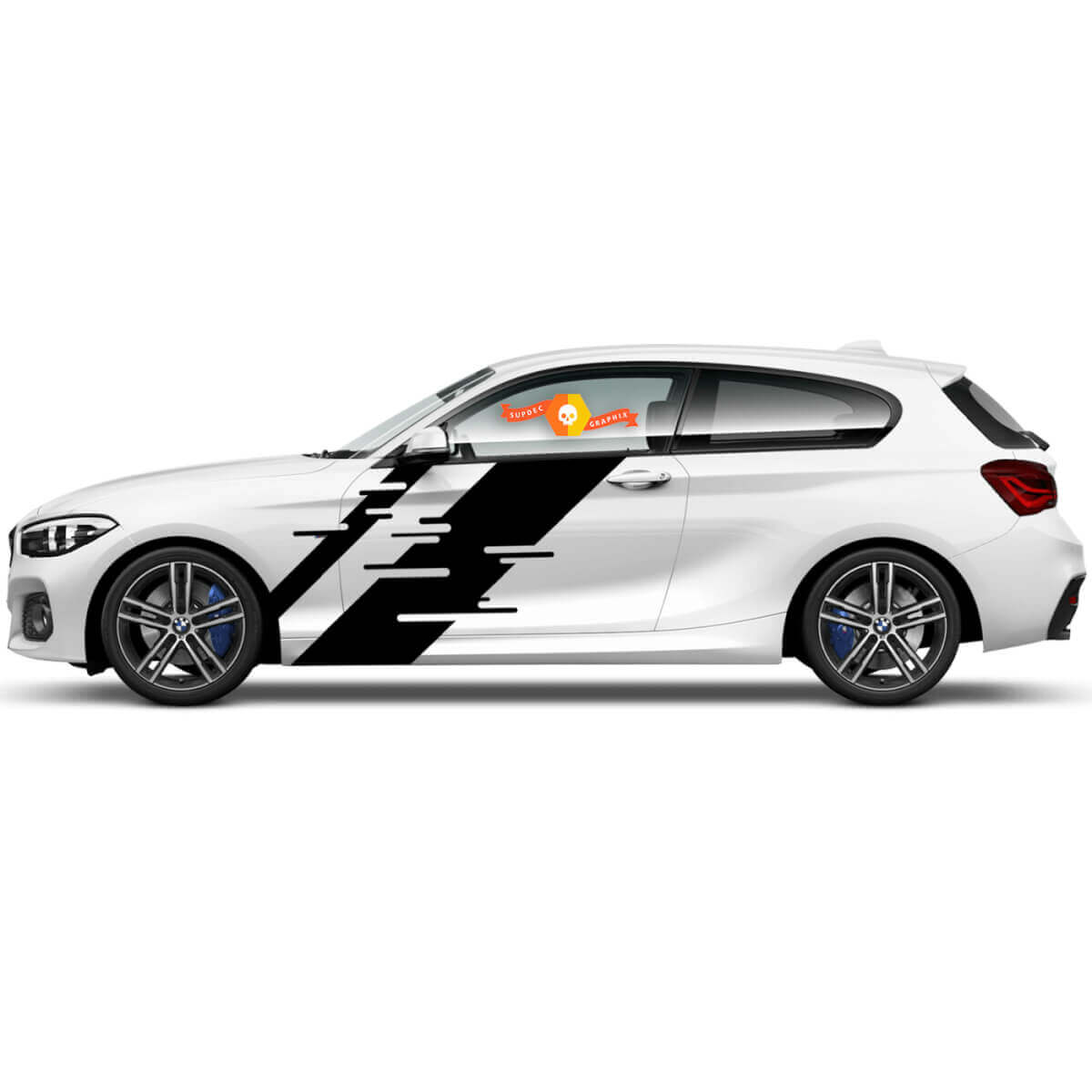 Paar Vinylaufkleber Grafikaufkleber Seite BMW 1er Serie 2015 Schwarz mit geschlitztem Streifen

