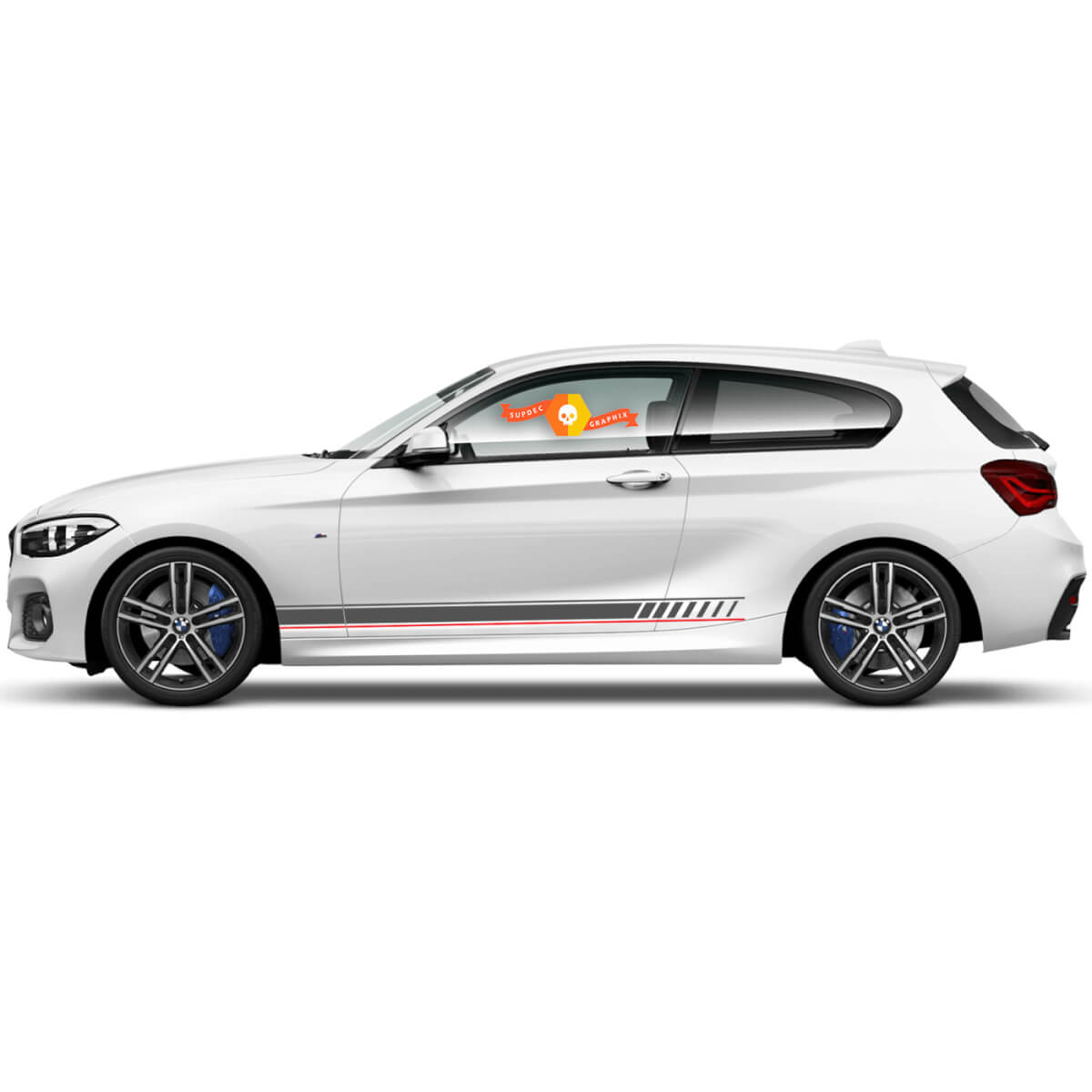 2x Vinyl-Abziehbilder Grafik-Aufkleber-Seite BMW 1 Serie 2015 Rocker Panel Rennstil Grau