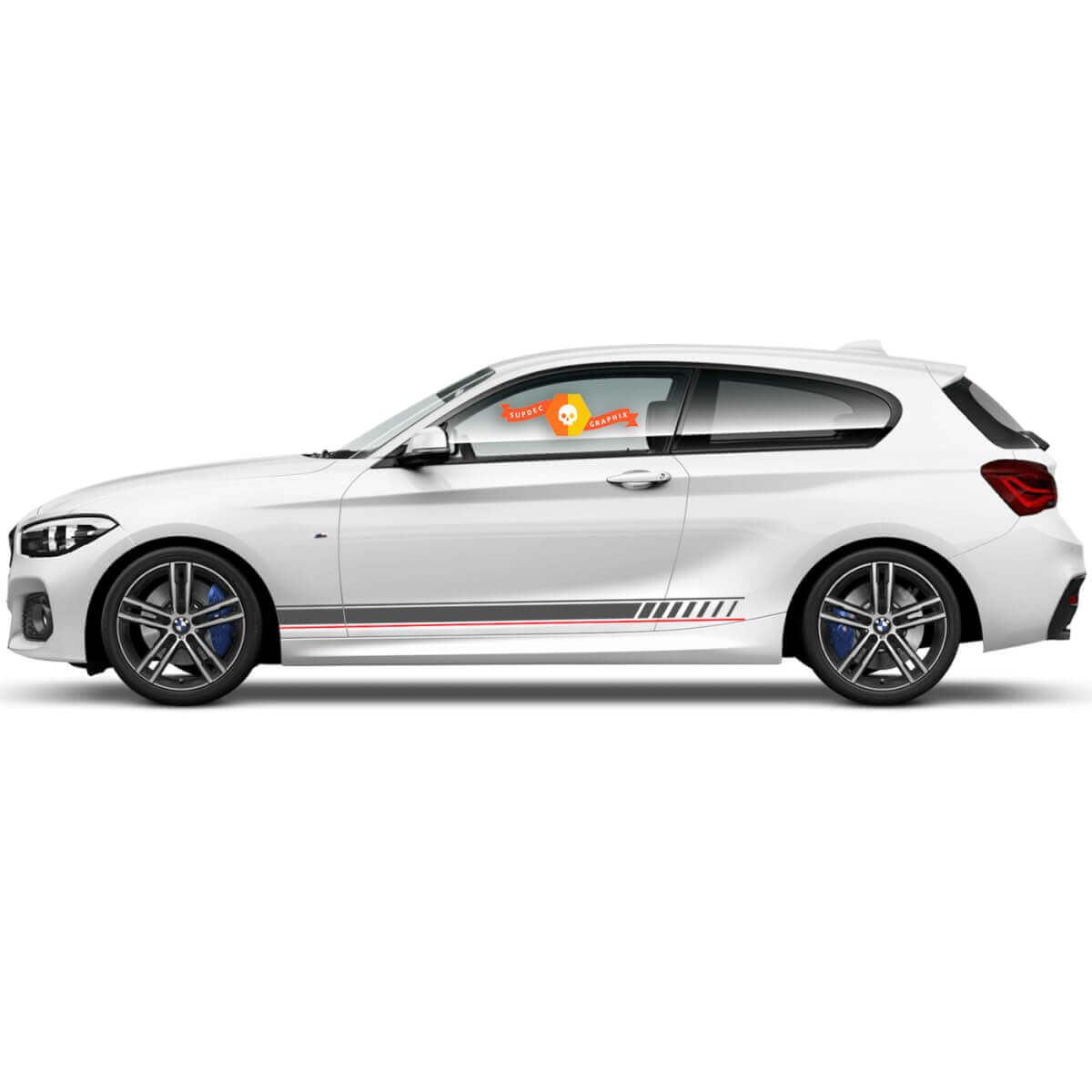 2x Vinyl-Aufkleber Grafik-Sticker Seite BMW 1er Serie 2015 Schweller Racing-Stil Grau
