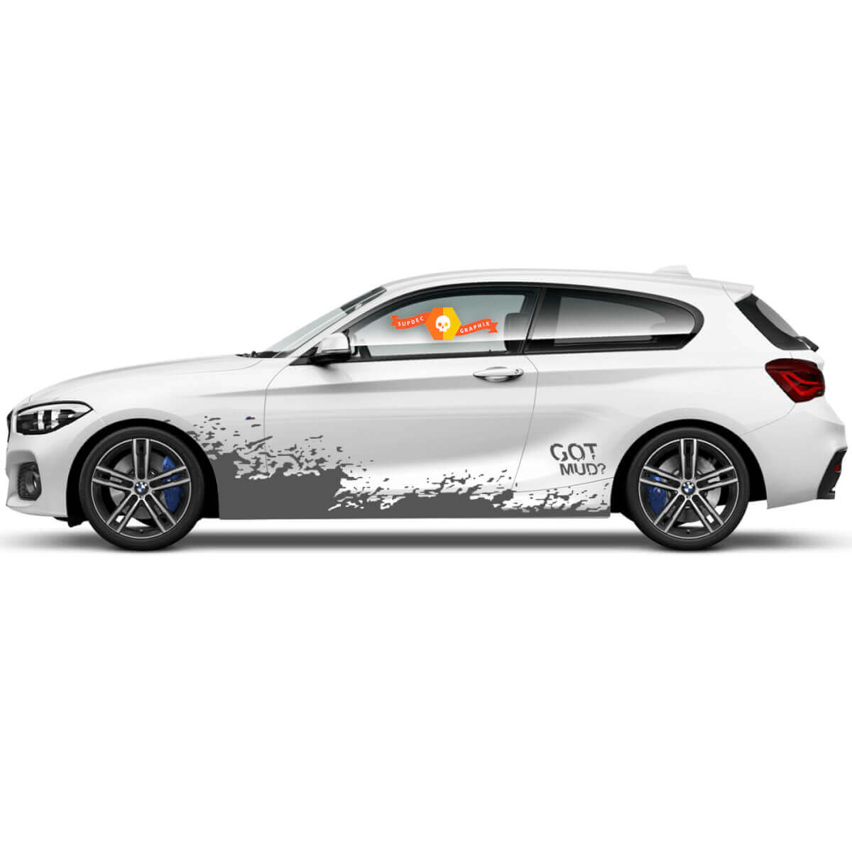 2 x Vinylaufkleber Grafikaufkleber Seite BMW 1er Serie 2015 Zeichnung fliegender Schlamm neu
