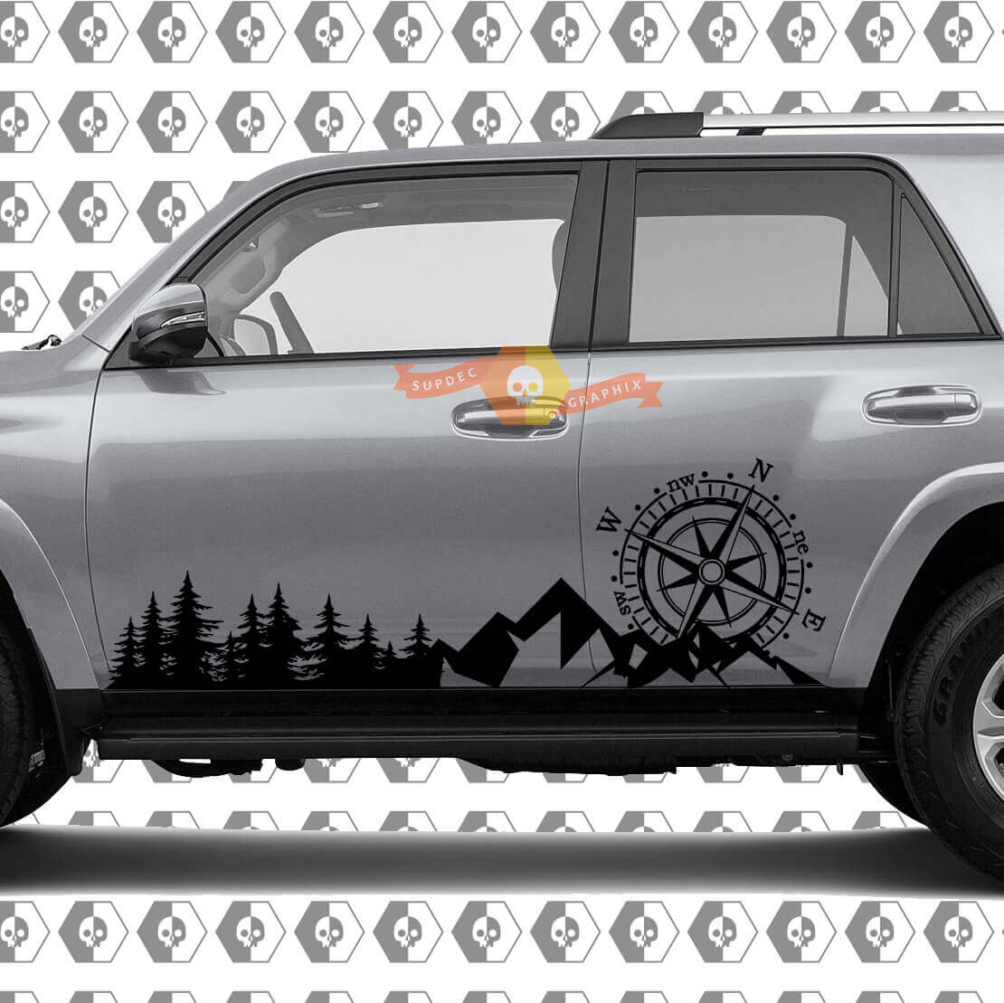 Seitenbäume Berge und riesiger Kompass Seiten-Vinyl-Aufkleber passend für Toyota 4Runner 13-22 TRD Fünfte Generation
