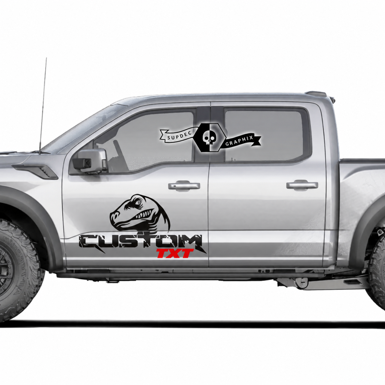 CUSTOM TXT Roter Akzent Dinosaurierkopf Paar Tür Vinyl-Aufkleber für Ford F-150 2022