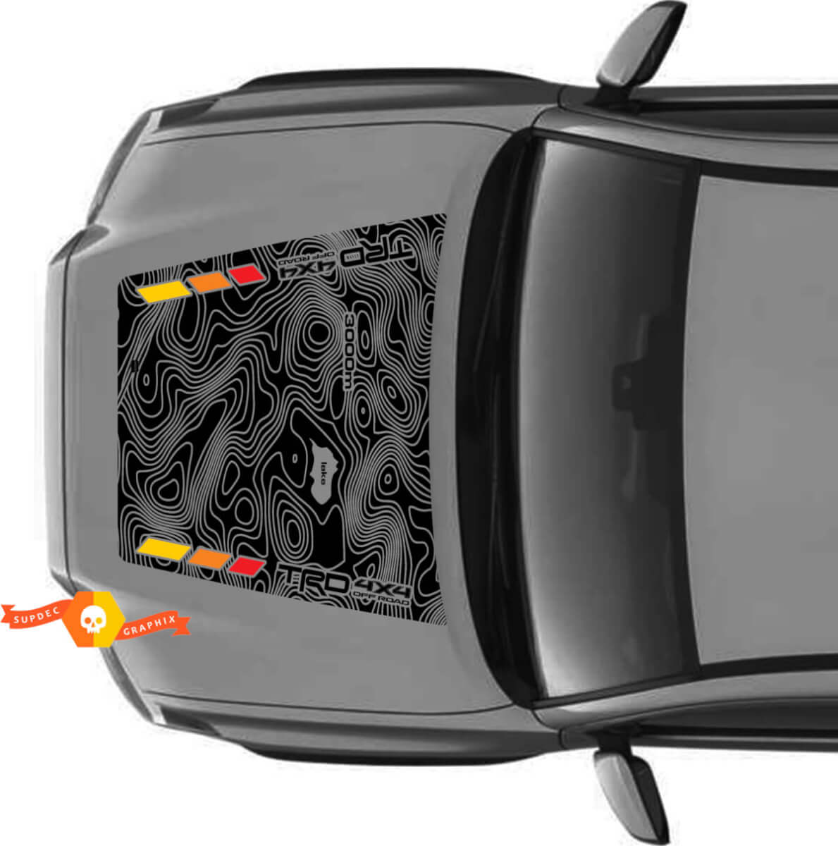 Motorhaube TRD Off Road OHNE LUFTEINLASS Topografische Kartenhaube Vintage Streifen Vinyl Aufkleber Decal passend für Toyota Tacoma Modelle 2016 - 2021
