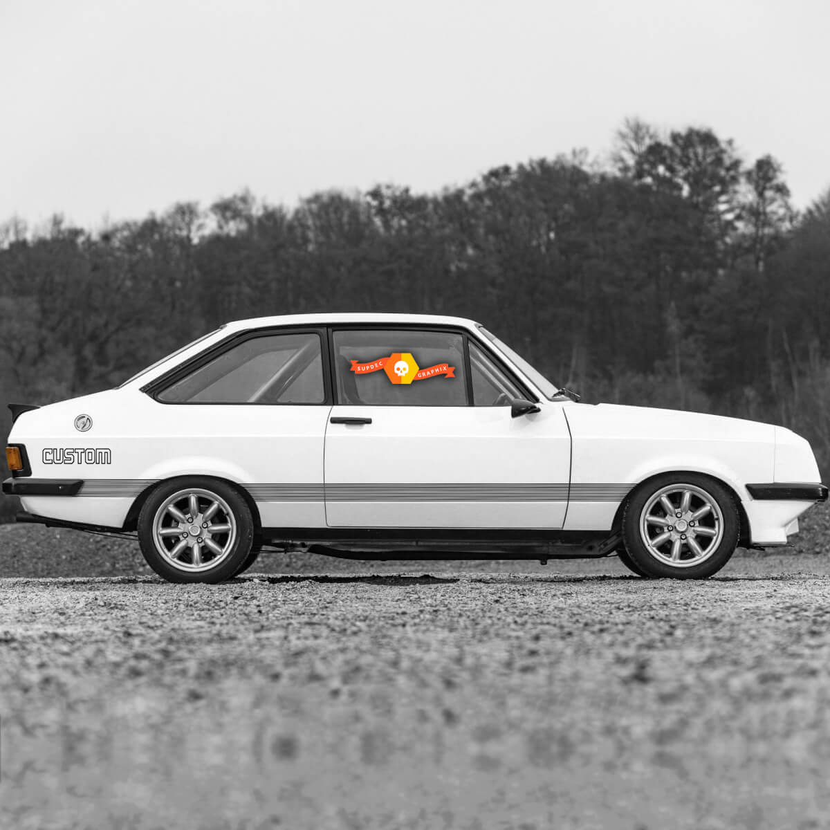 CUSTOM Dünne Umriss-Akzent-Seitenstreifen Vinyl-Aufkleber Paar für Musclecar Escort RS2000