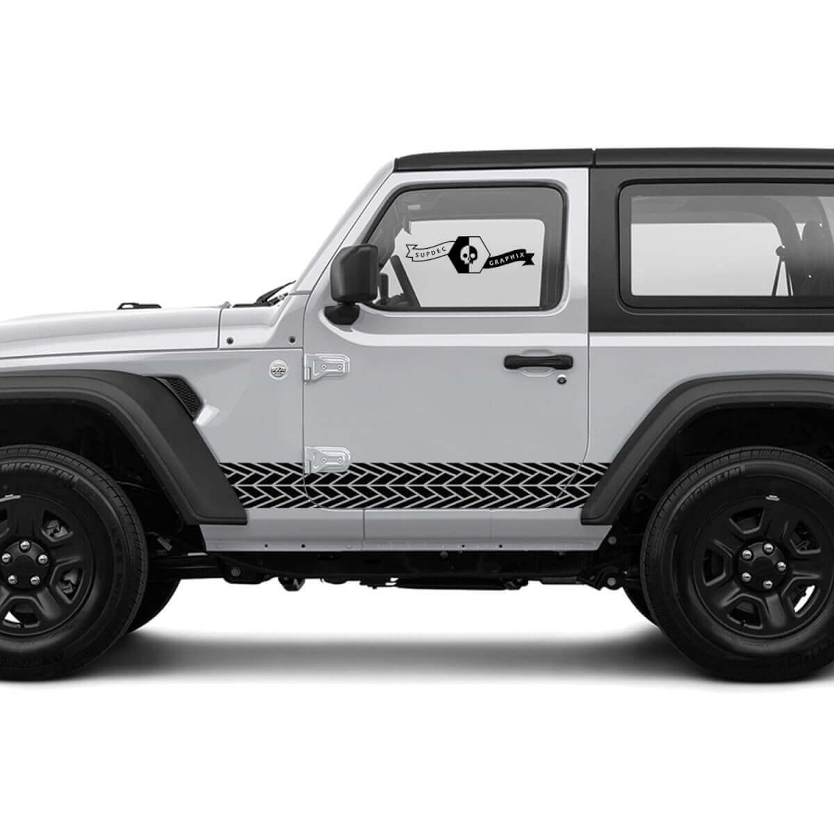 2 Neue JEEP Wrangler Rocker Panel Streifen mit Reifenspur-Türseiten-Grafik Aufkleber
