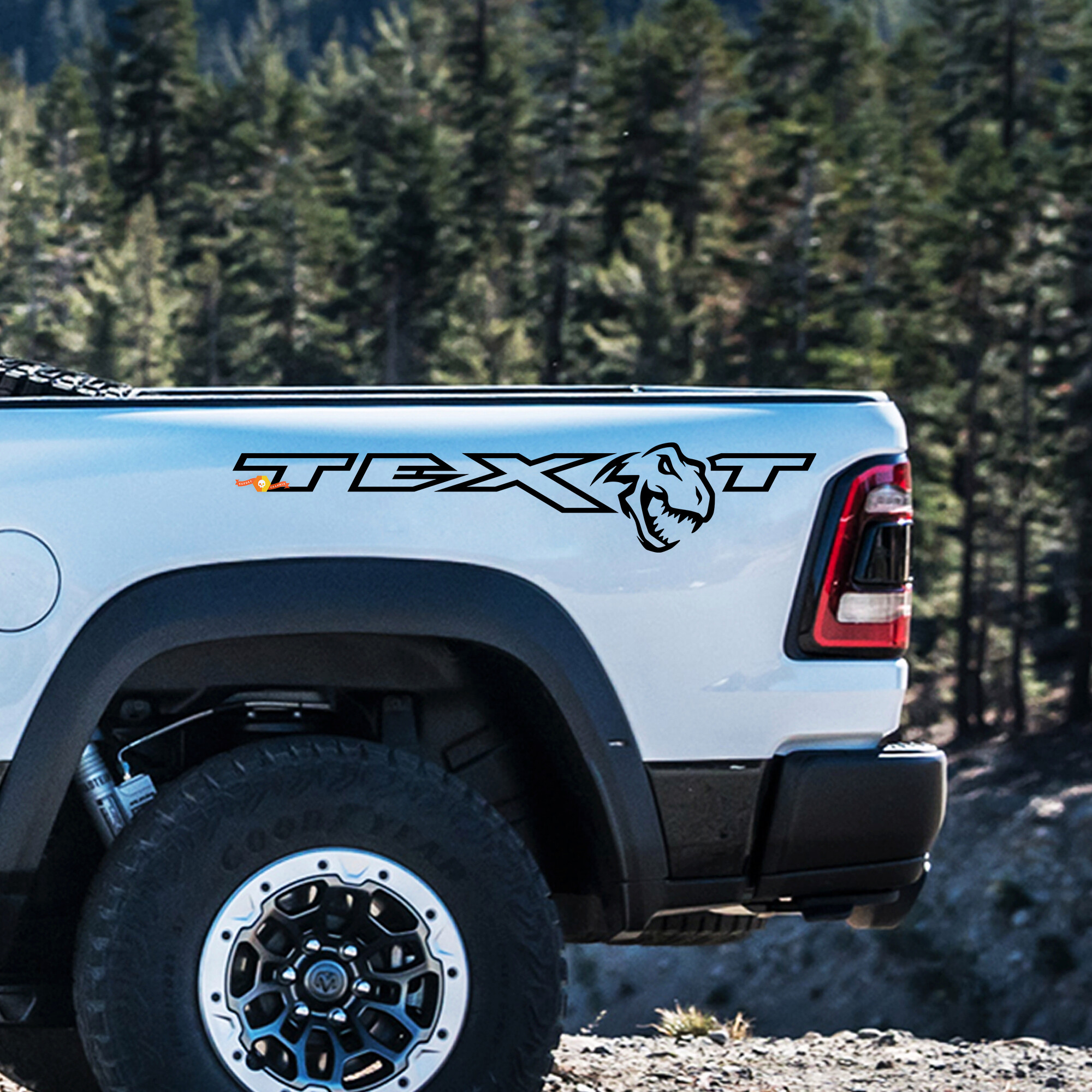 T-Rex und benutzerdefiniertes Text-Bettseiten-Vinylaufkleber-Kit für Dodge Ram Rebel 1500 TRX