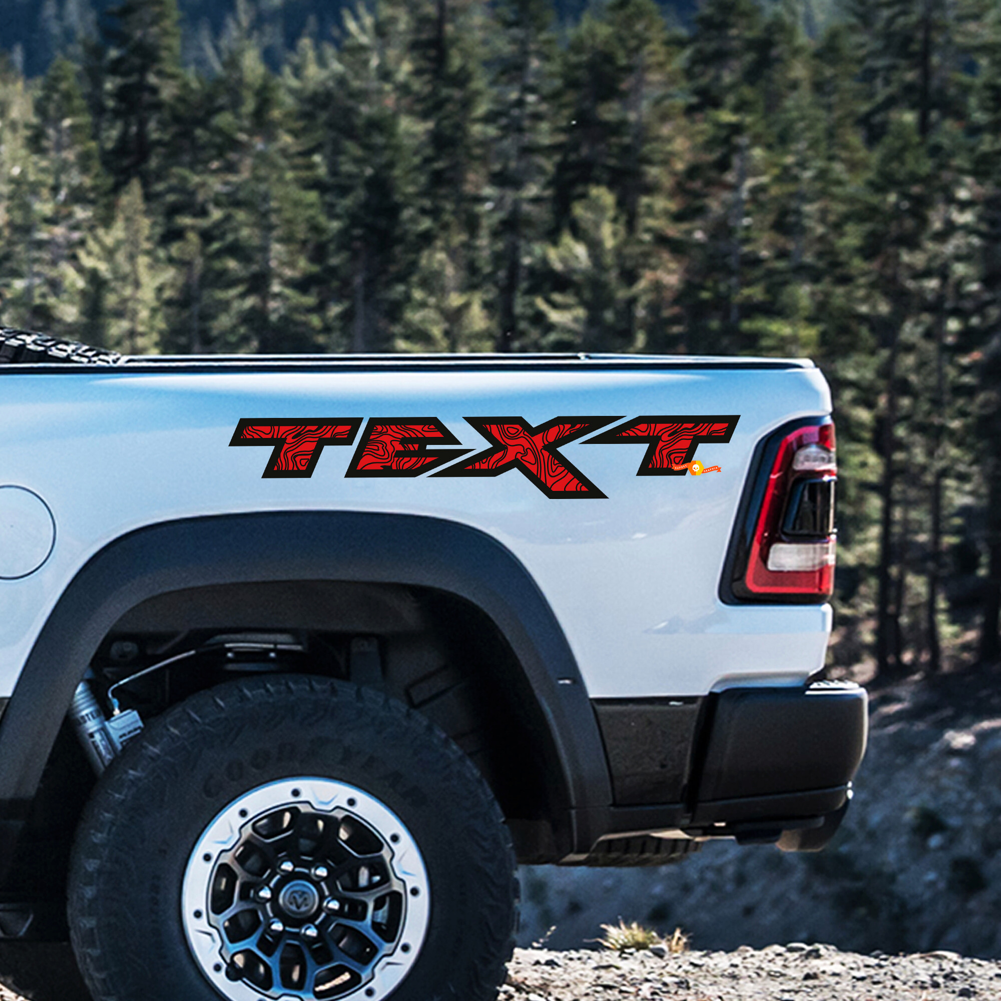 Benutzerdefinierter Text Topografischer Stil Nachttisch Vinylaufkleber-Set für Dodge Ram Rebel 1500 TRX