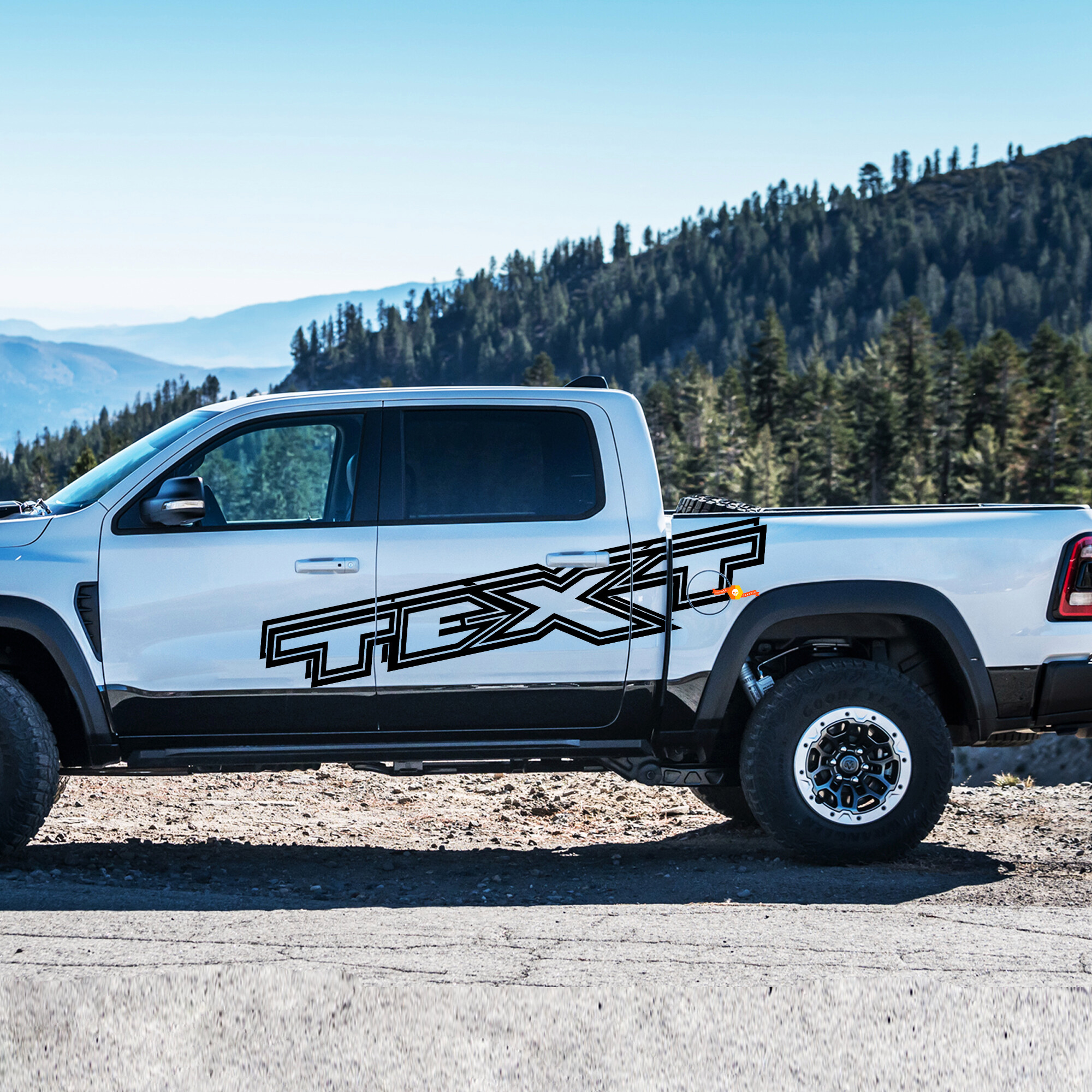 Benutzerdefinierter Textumriss-Stil Seitlicher Vinyl-Aufkleber Satz für Dodge Ram 1500 Rebel TRX