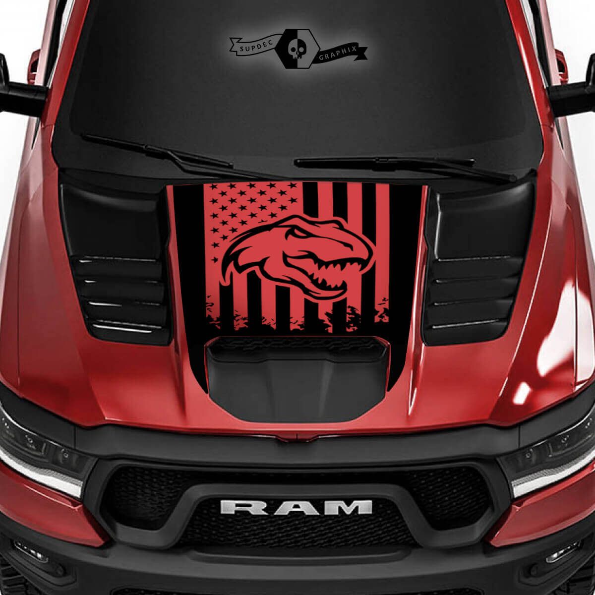 Dodge Ram Rebel 2022+   2023+ 1500 TRX T-Rex Hood Flag USA Destroyed TRX Truck Vinyl Sticker Decal Graphic
