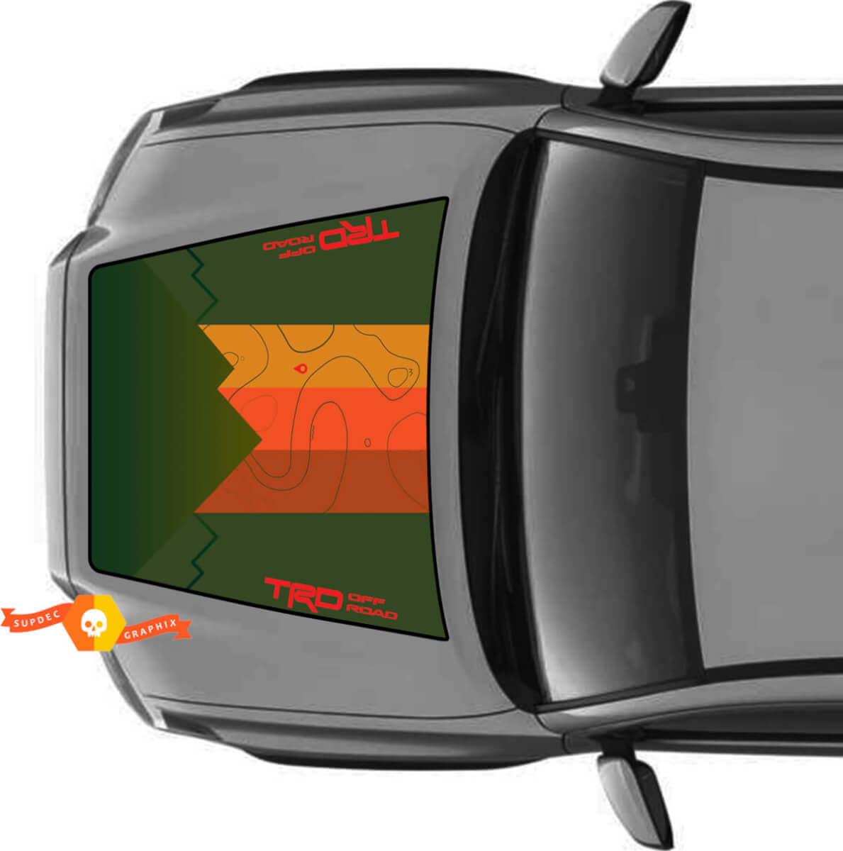 Hood TRD Off Road Mountains Topografische Karte Hood Vintage Stripes Vinyl-Aufkleber passend für Toyota Tacoma 2016–2022 Modelle
