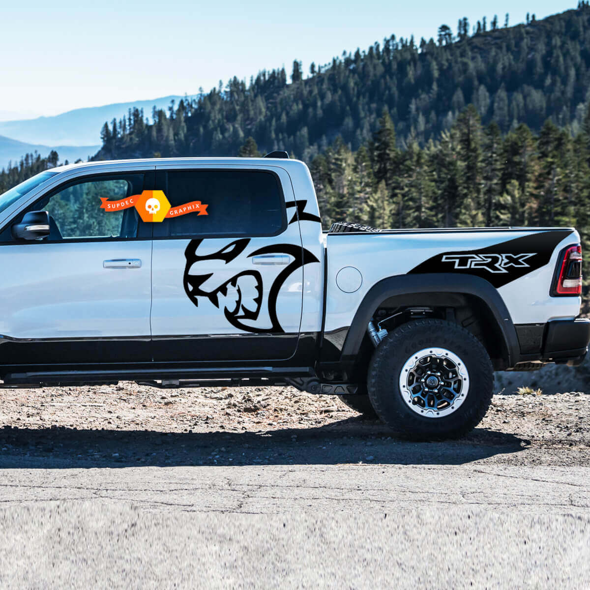Paar Dodge Ram TRX Hellcat 2021+ Splash Ram Kopf Türen Bett Logo LKW Vinyl Aufkleber Aufkleber Bett Grafik
