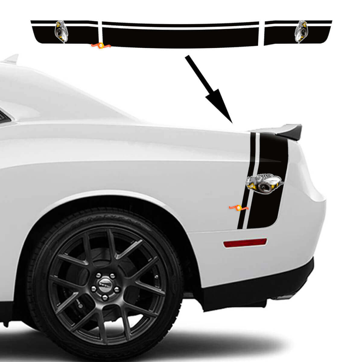 Rumble Bee Stil Doppelstreifen Seitenkasten Kofferraum Vinylaufkleber Set für Dodge Challenger 2022+