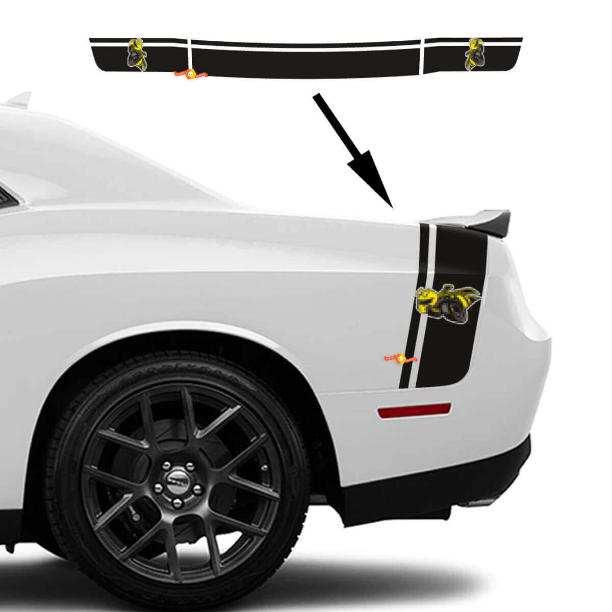 Drag Bee Style Doppelstreifen Seitenkasten Kofferraum Vinyl Aufkleber Set für Dodge Challenger Charger