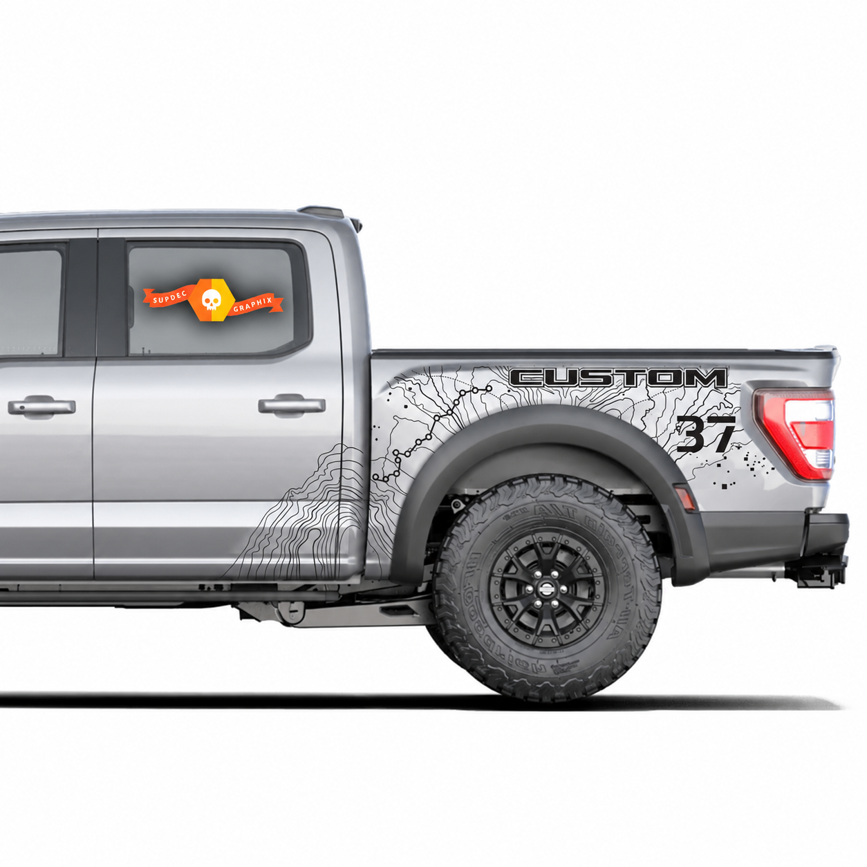 SVT CUSTOM Topographic Map Splash 37 — Vinyl-Aufkleber (Ladeflächenseite) für Ford F-150 Raptor 2023