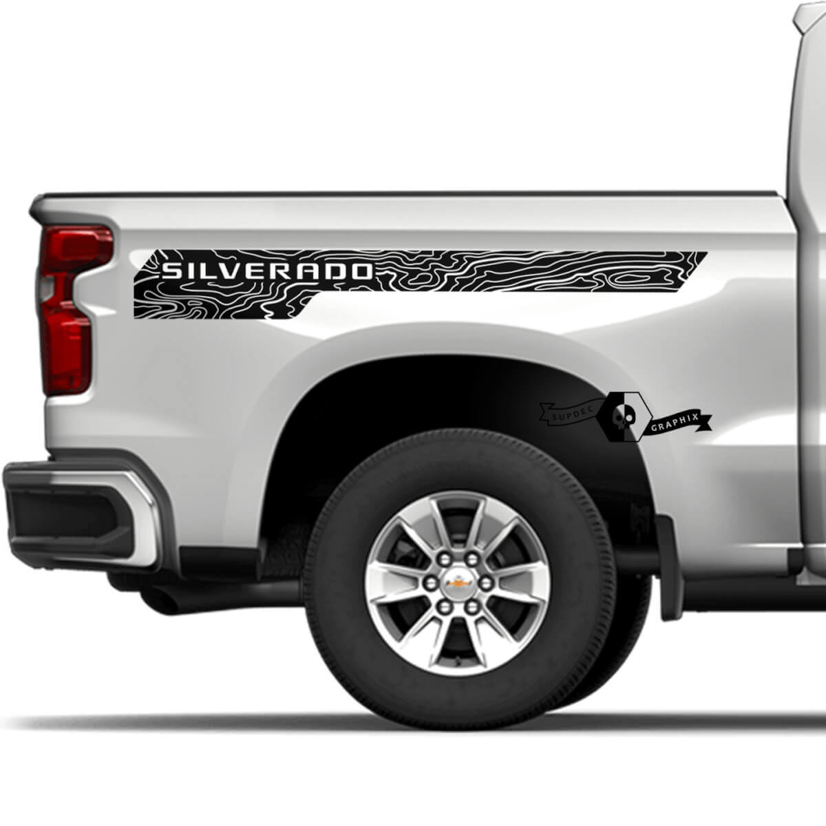 Paar Chevrolet Silverado 2022+ 2023 Topografische Karten-Seitenbett-Logo-Streifen-Vinyl-Aufkleber
