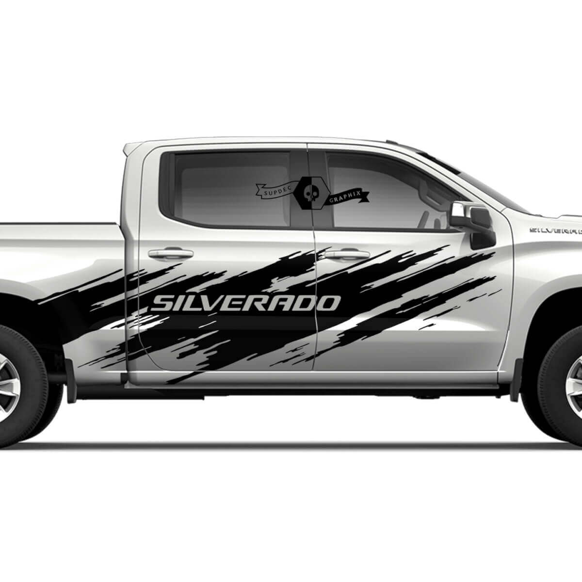 Paar Chevrolet Silverado 2022+ 2023 Seitentüren Bett Spritzschutz Wrap Zerstörtes Logo Streifen Vinyl Aufkleber

