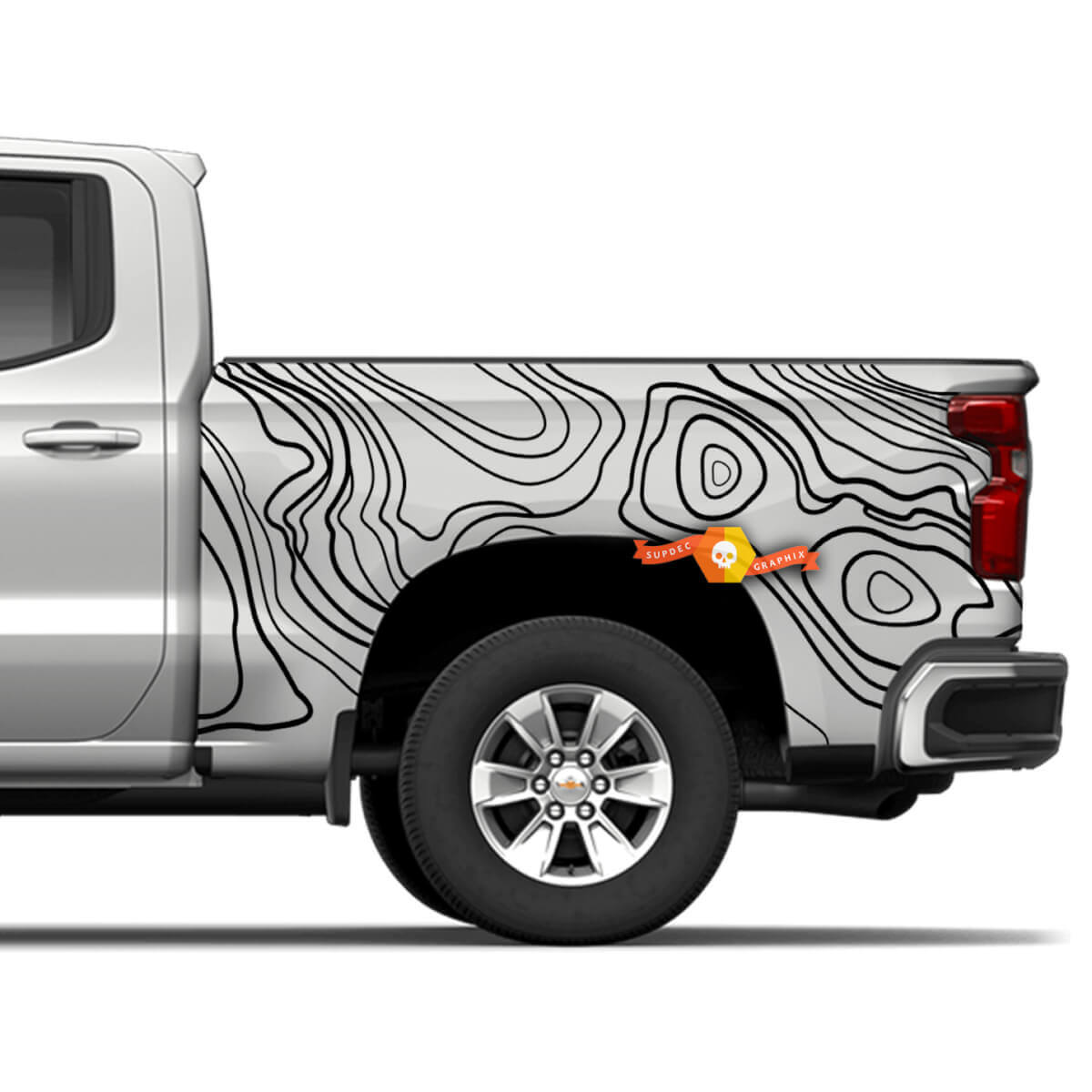 Seiten-LKW Chevrolet Silverado Topografische Kartenhintergrund Topo-Karte Ausgeschnittene Vinyl-Aufklebergrafiken-Aufkleber
