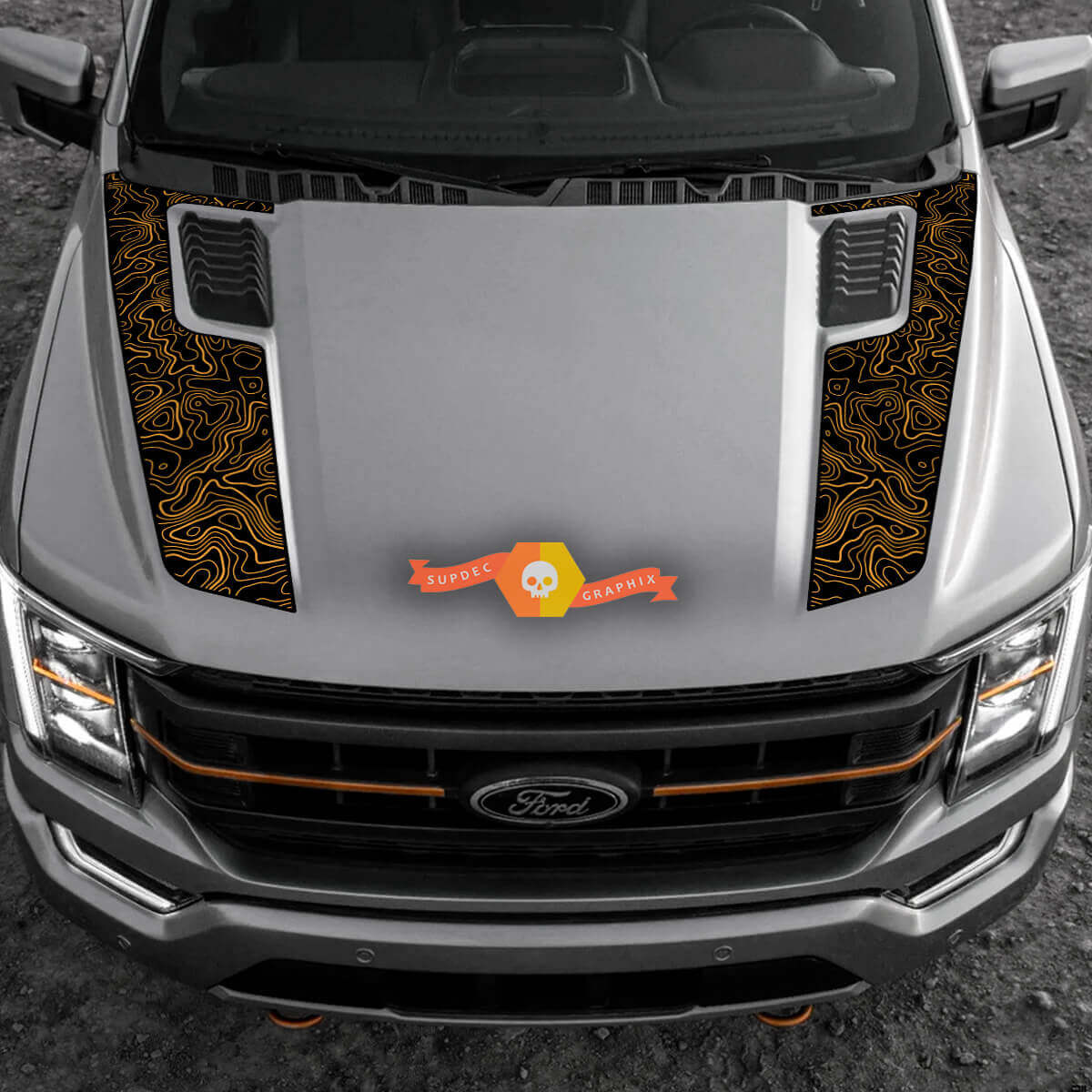 Topografische Stil Motorhaubenstreifen Vinylaufkleber für Musclecar F-150 2022-2023