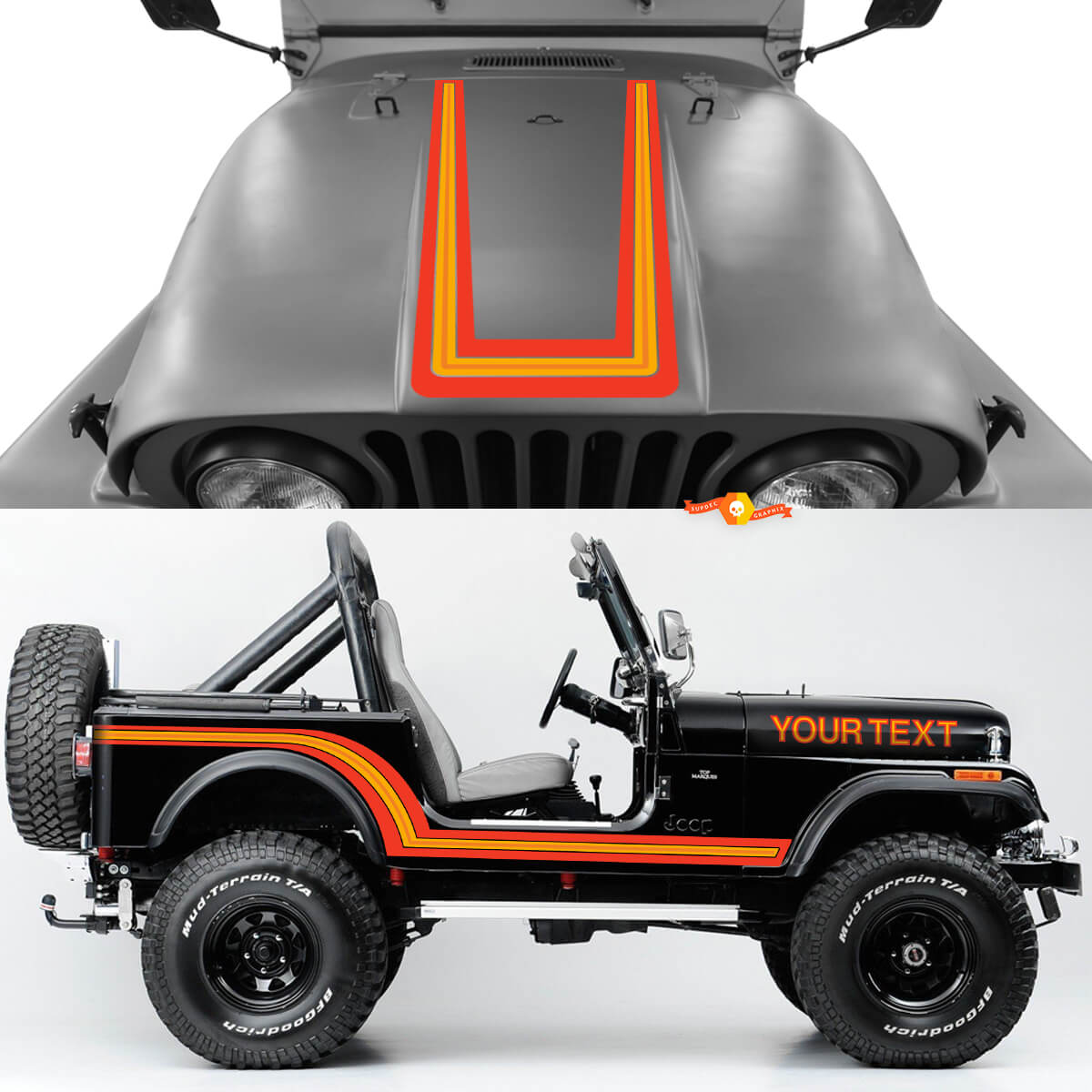 Retro Farbige Seitenleisten- und Motorhaubenverkleidungsaufkleber für Jeep Renegade CJ7