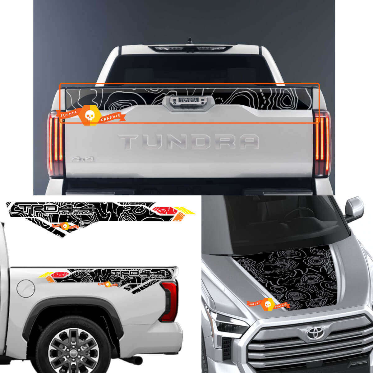 Topografische Karte Motorhaube Kofferraum Heckklappe Vinyl Aufkleber Set für Toyota Tundra XK70 2021+