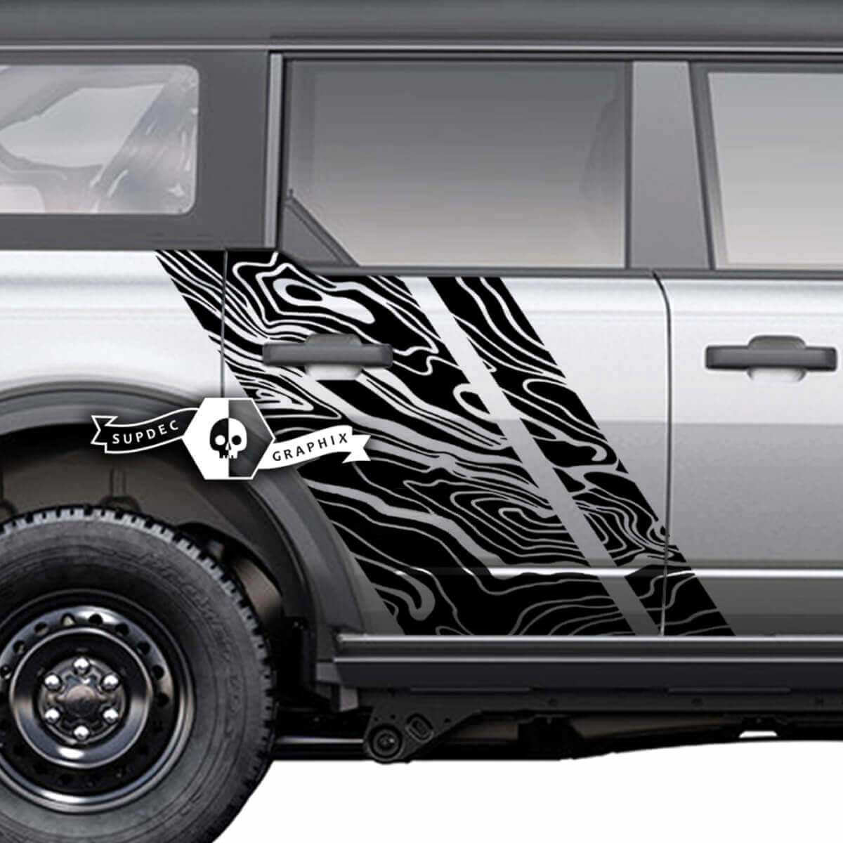 Paar seitliche topografische Kartengrafiken mit Spritzschutz für Türen, Aufkleber für Musclecar horse 2021, 2022, 2023
