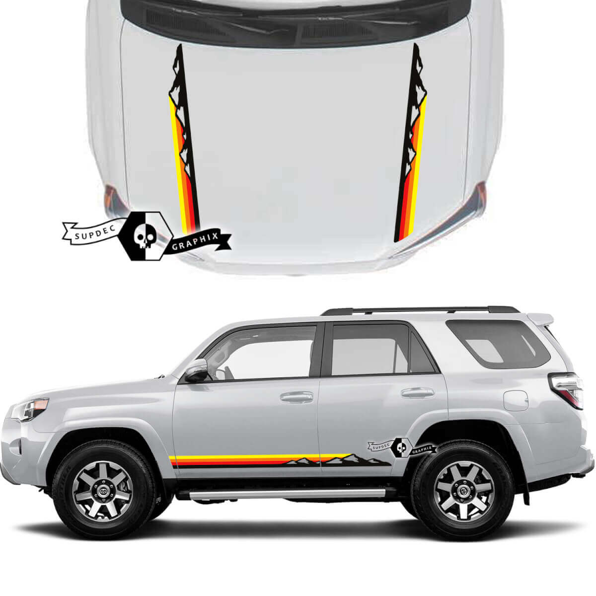 Paar 4Runner 2023 Seitentürhaube Old School Sunset Vinyl Mountains Aufkleber Streifenaufkleber für Toyota 4Runner TRD Kit

