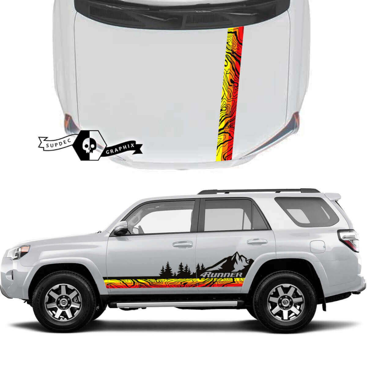 4Runner 2023 Seitentür Haube Old School Sunset Vinyl Topografische Karte Berge Wald Aufkleber Streifen Sticker für Toyota 4Runner TRD
