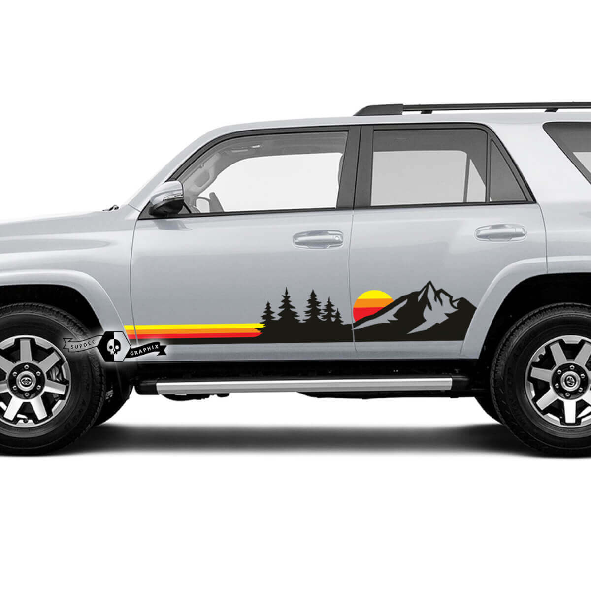 Paar 4Runner 2023 Seitentürhaube Old School Sonnenuntergang Vinyl Berge Wald Aufkleber Streifenaufkleber für Toyota 4Runner TRD
