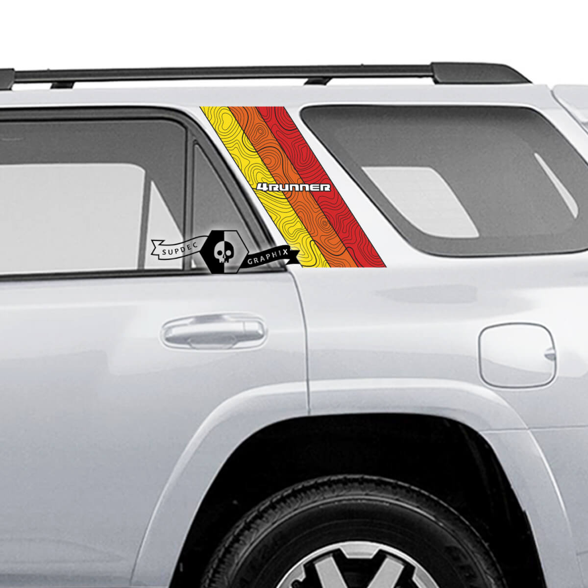 Paar 4Runner 2013–2023 Side Old School Topografische Karte Topo SunSet TriColor Stripes Vinyl Aufkleber Aufkleber für Toyota 4Runner TRD SupDec Design
