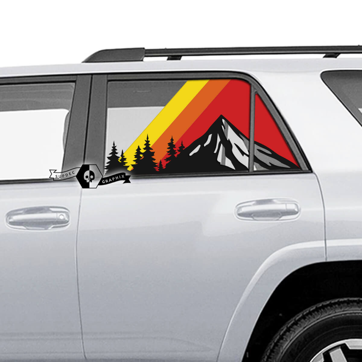 Paar 4Runner 2013–2023 Seitenfenster Old School Mountains Forest SunSet TriColor Stripes Vinyl Aufkleber Aufkleber für Toyota 4Runner TRD SupDec Design
