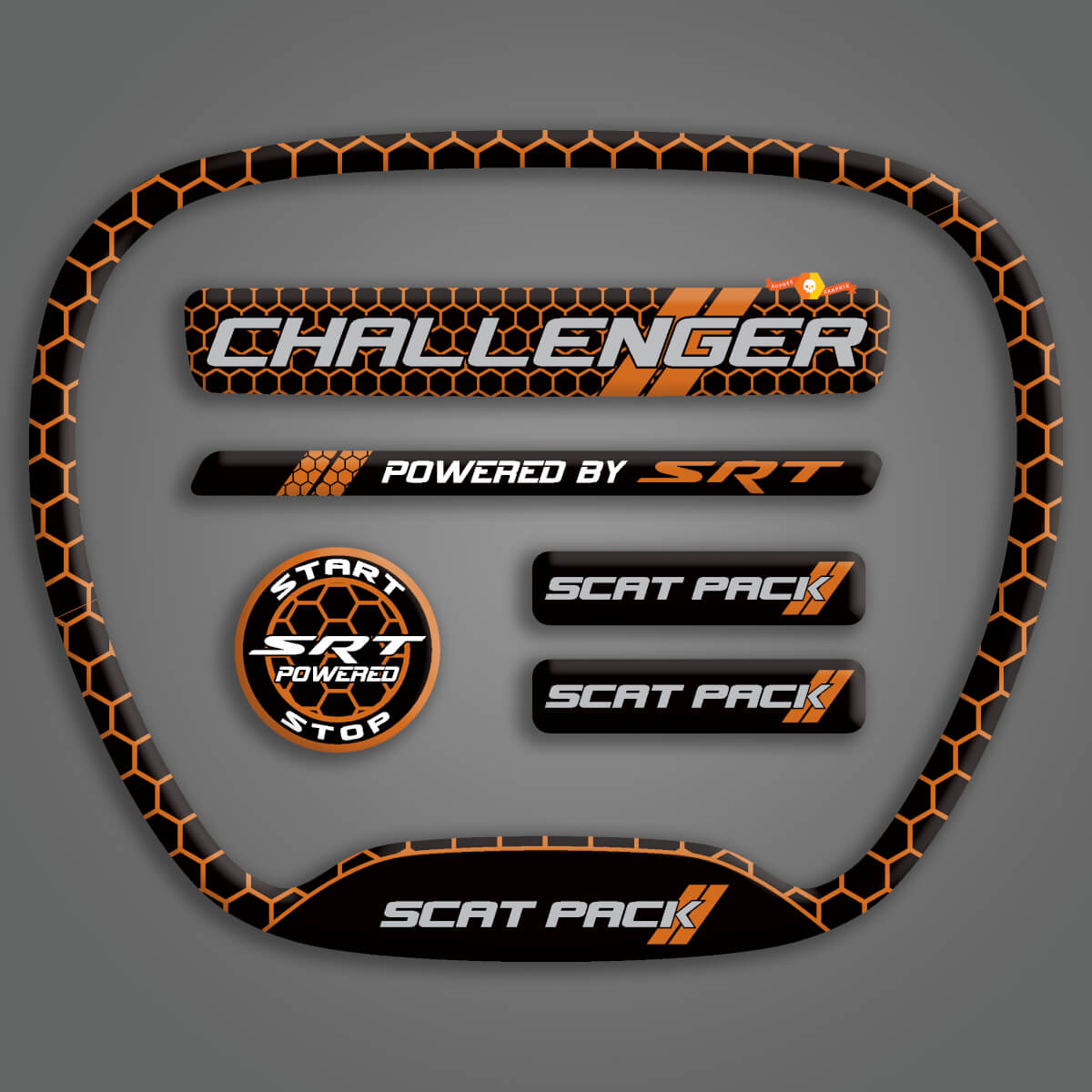 Satz Challenger SRT Scat Pack Honeycomb Cinnamon Orange Lenkradzierring, Emblem, gewölbter Aufkleber, Charger Dodge Scatpack
