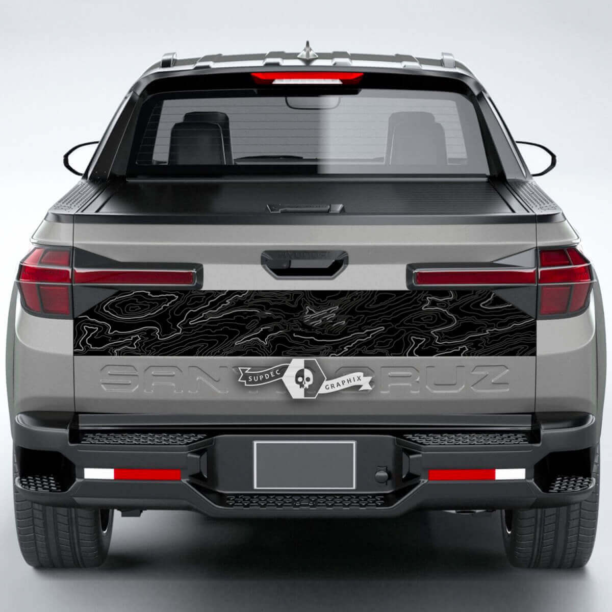 Hecklinien, topografische Karte, Topo-Vinyl-Heckklappen-Aufkleber, passend für Hyundai Santa Cruz 2023
