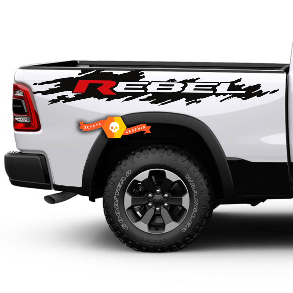 2X Dodge Ram Rebel Splash Grunge Logo Truck Vinyl Aufkleber Bett Grafik 2 Farben
