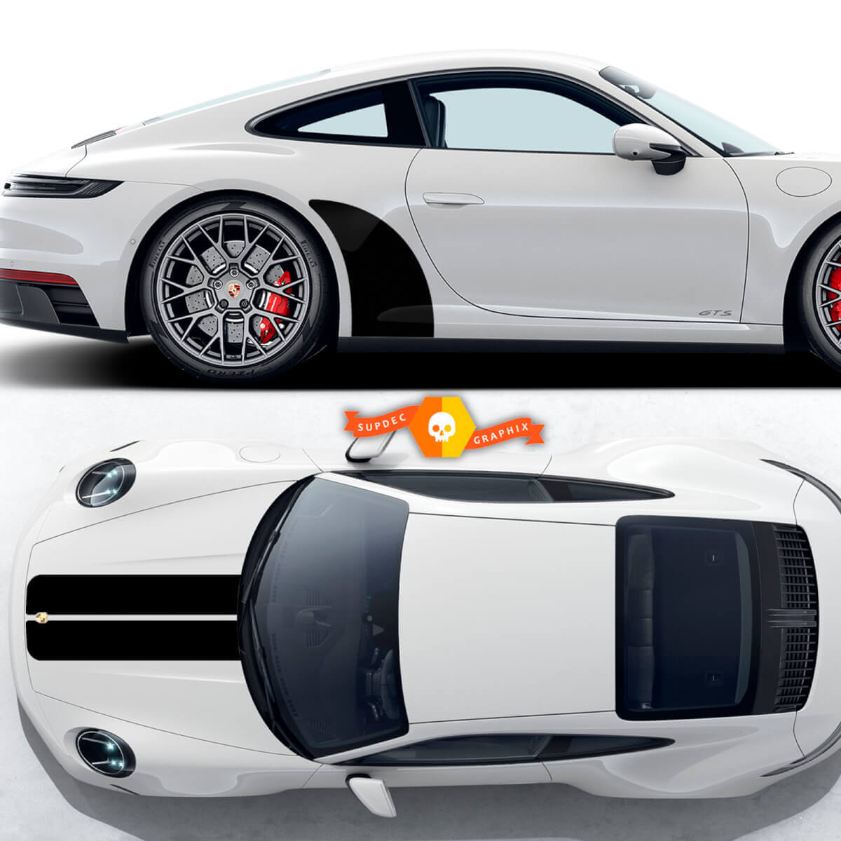 Porsche 911 GTS 992 Carrera 4 GTS Motorhaubenstreifen und Seitliche Hintere Radlauf Kit Aufkleber Sticker

