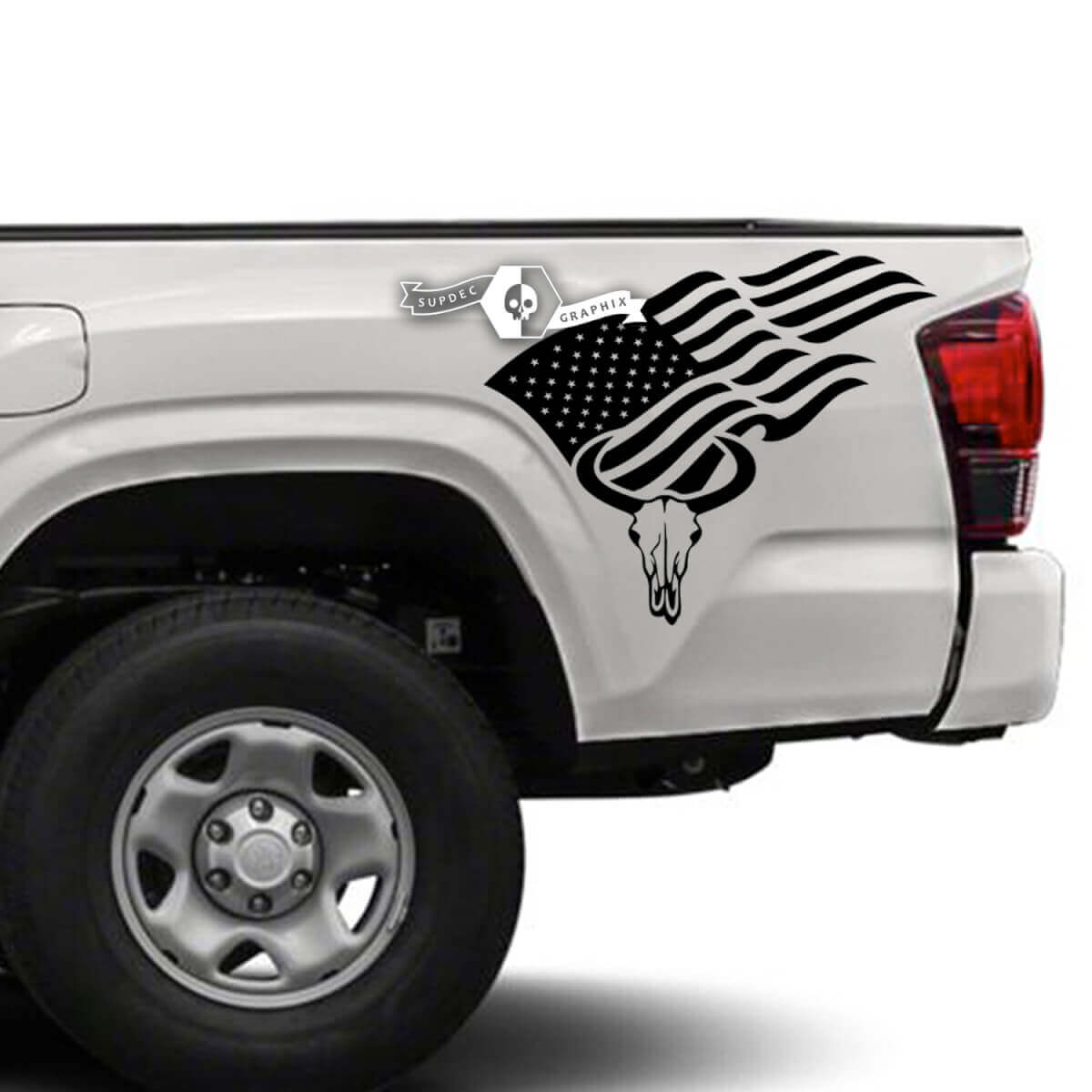USA-Flagge & Stierschädel Vinyl-Aufkleber für das Bettgestell des Toyota Tacoma