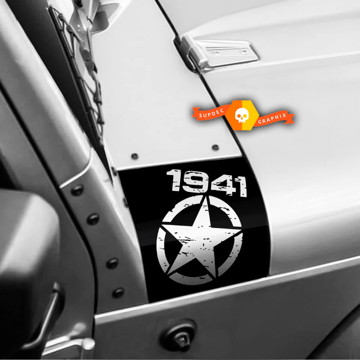 Paar Jeep 1941 Wrangler Distressed Star Black Ops Oscar Mike Hood Vinyl-Aufkleber, komplettes Set Aufkleber
