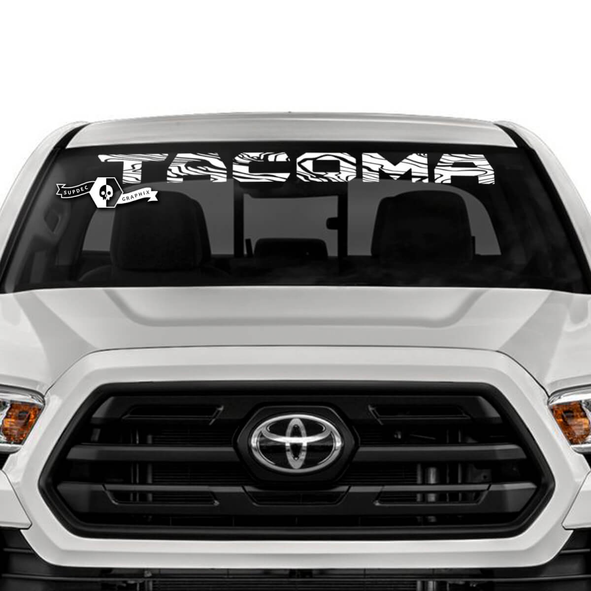 Windschutzscheiben-Tacoma-Vinyl-Aufkleber-Set für Toyota Tacoma im topografischen Stil
