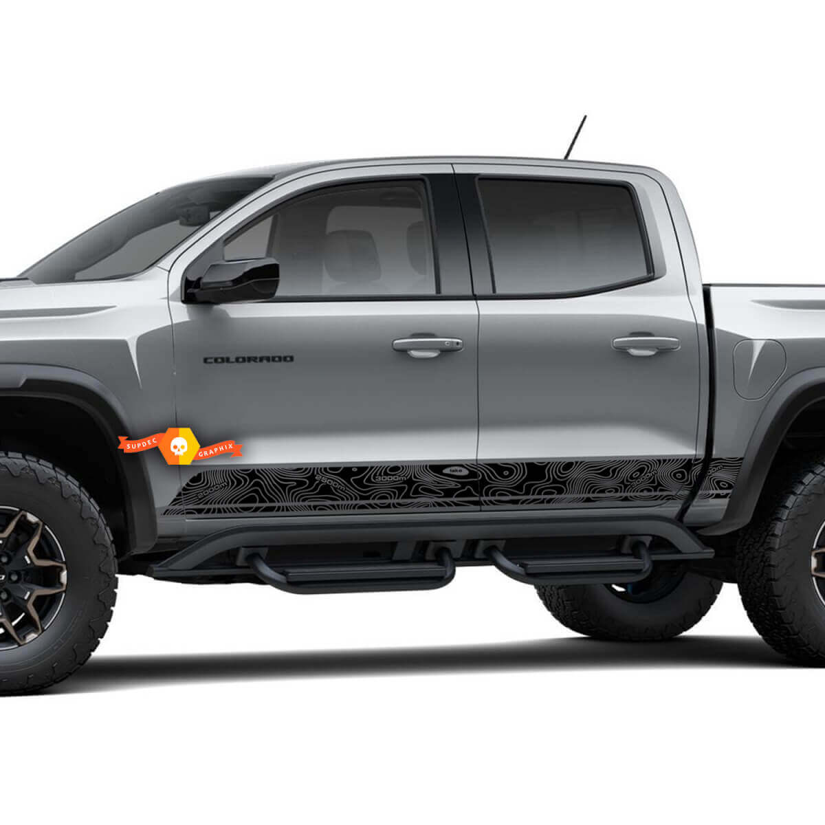 Paar Chevrolet Colorado Seitenschwellerstreifen, topografische Karte, Topo-Türen, Vinyl-Aufkleber
