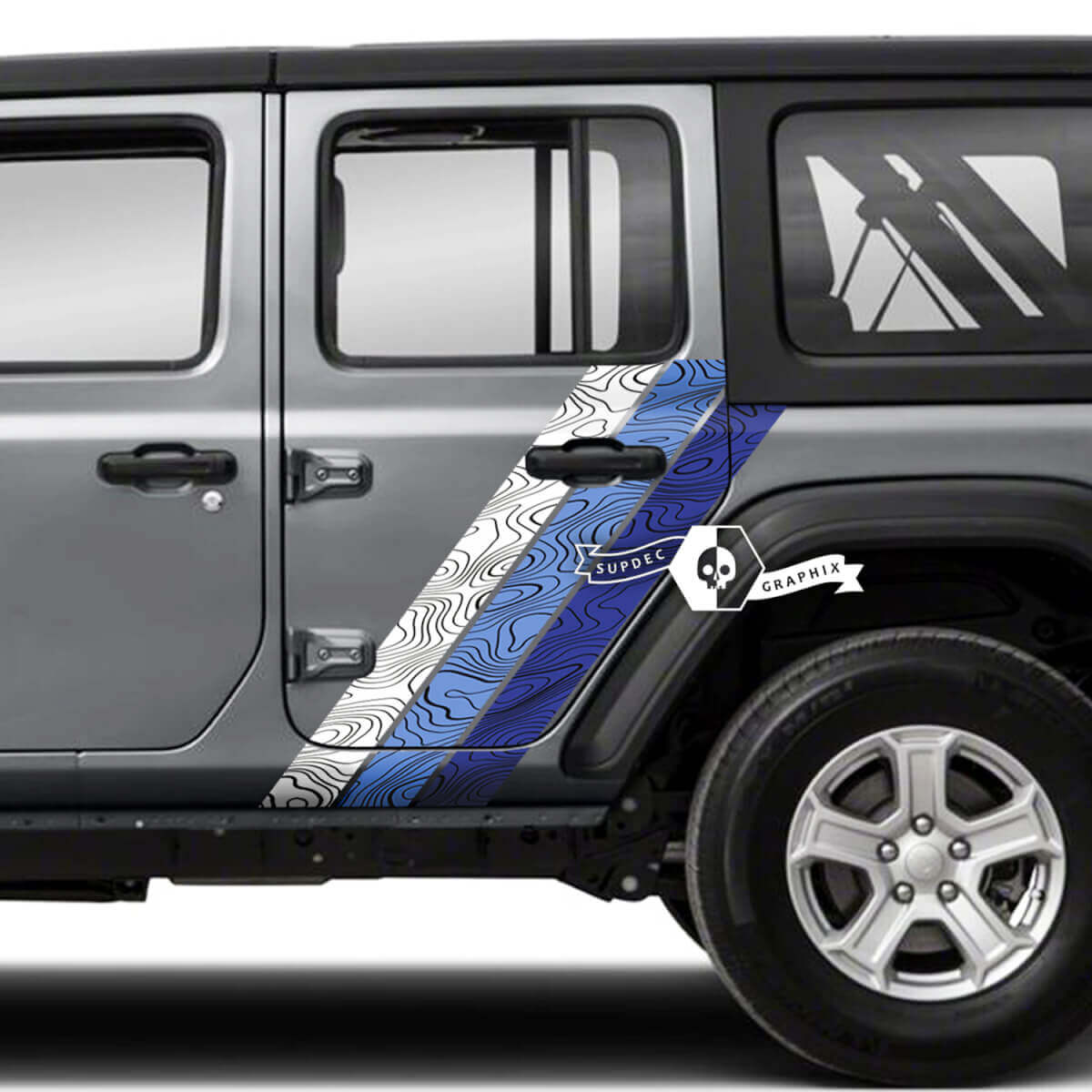 Paar Jeep Wrangler Unlimited-Türen, Kotflügel-Seitenstreifen, topografische Karte, 4 Farben, Vinyl-Aufkleber
