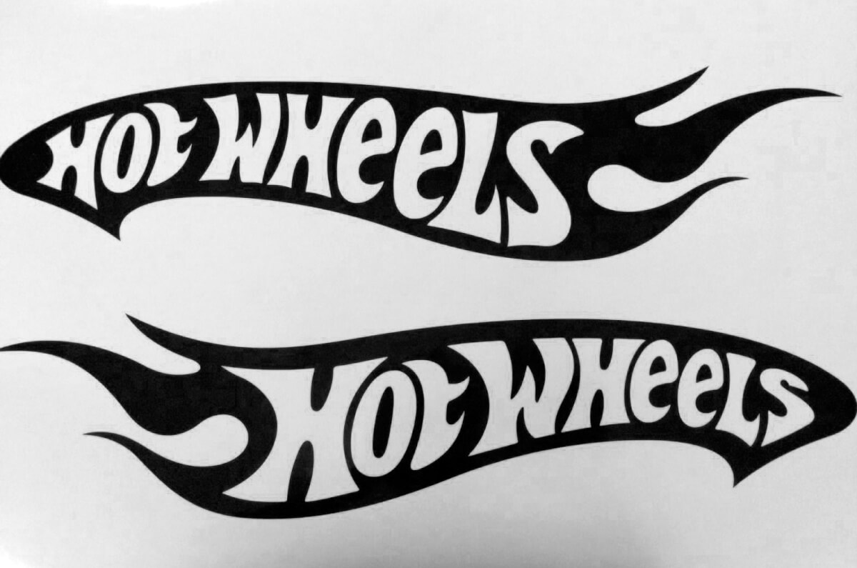 2 Hot Wheels Vinyl-Aufkleber, je 24 Zoll, umgekehrte Buchstaben links und rechts
