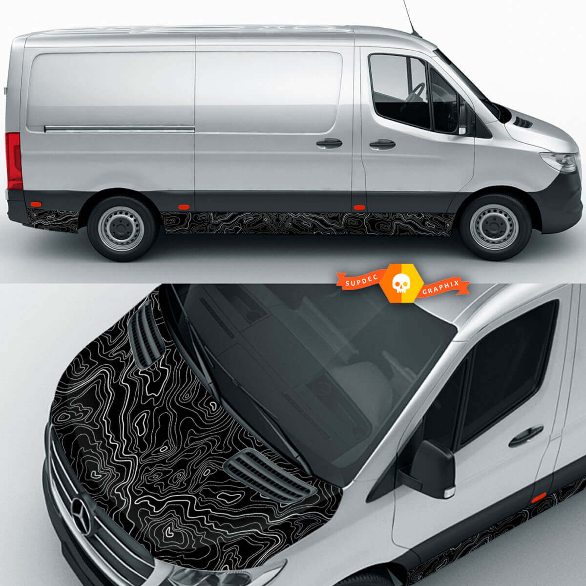 Topografische Karten -Wrap -Hauben -Dekalentziehung und Seitenkipptafel für Mercedes Benz Sprinter Vinyl Aufkleber Aufkleber -Aufkleber Grafik
