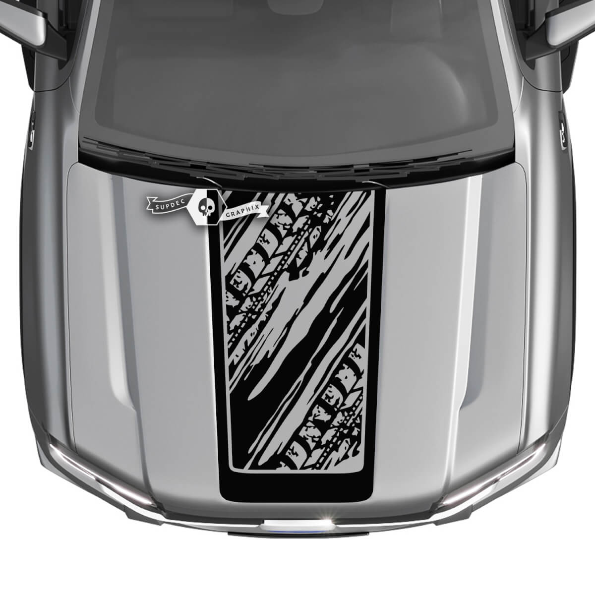 Ford Ranger Heckhaube, LKW-Streifen, Logo, Schlammreifenspuren, zerstörte Grafikaufkleber
