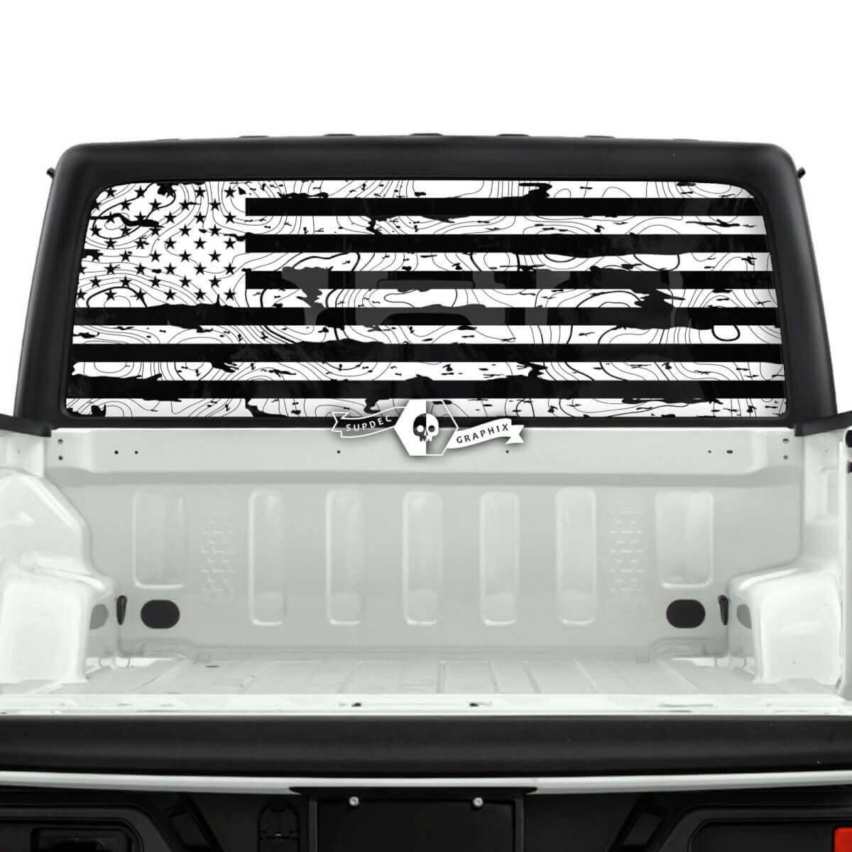 Jeep Gladiator Heckfenster-Flagge, USA, zerstörte topografische Karte, Topo-Aufkleber, Vinyl-Grafikstreifen

