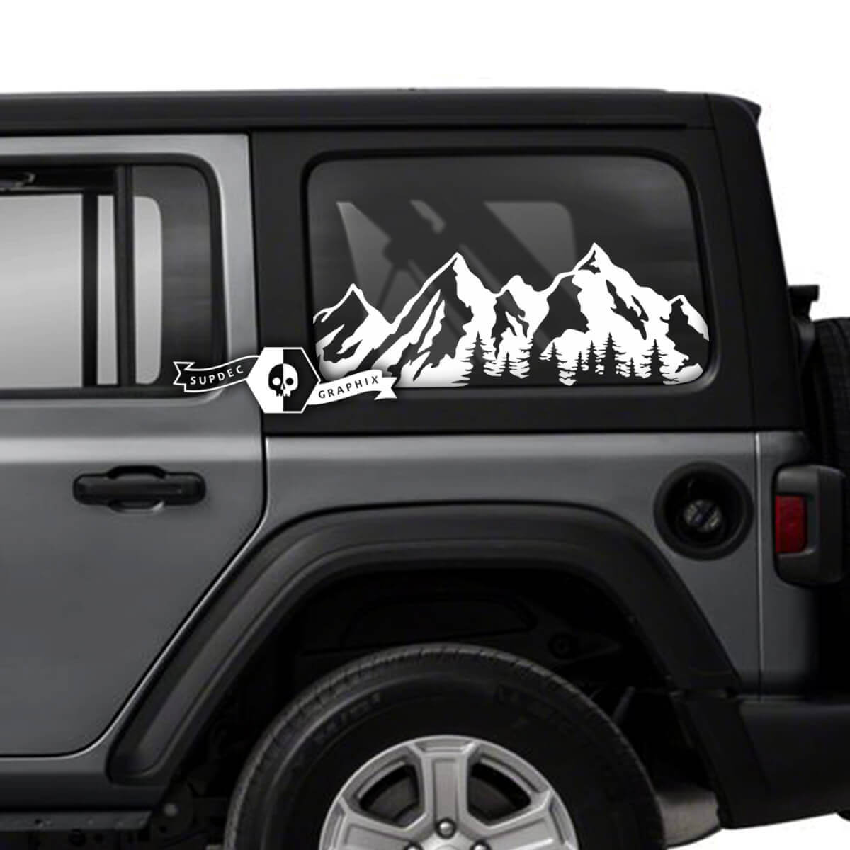 Paar Aufkleber für Jeep Wrangler Unlimited, Seitentür, Fenster, Berge, Wald, Vinyl-Grafiken
