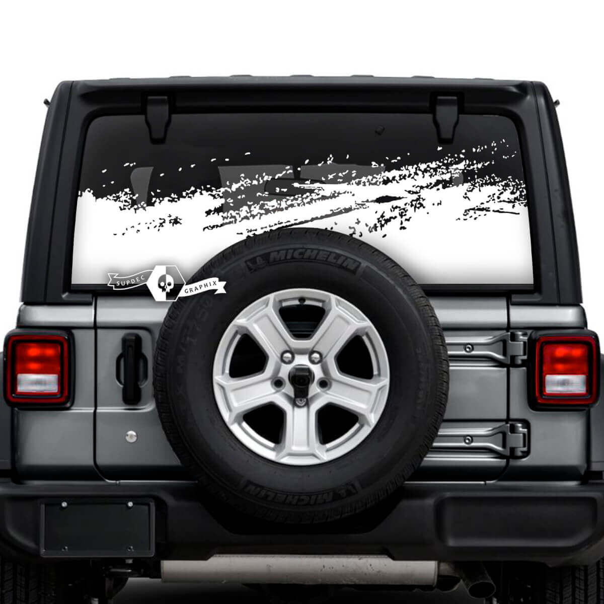 Jeep Wrangler Unlimited Heckscheibe, Schlammspritzer, zerstörte Aufkleber, Vinyl-Grafiken
