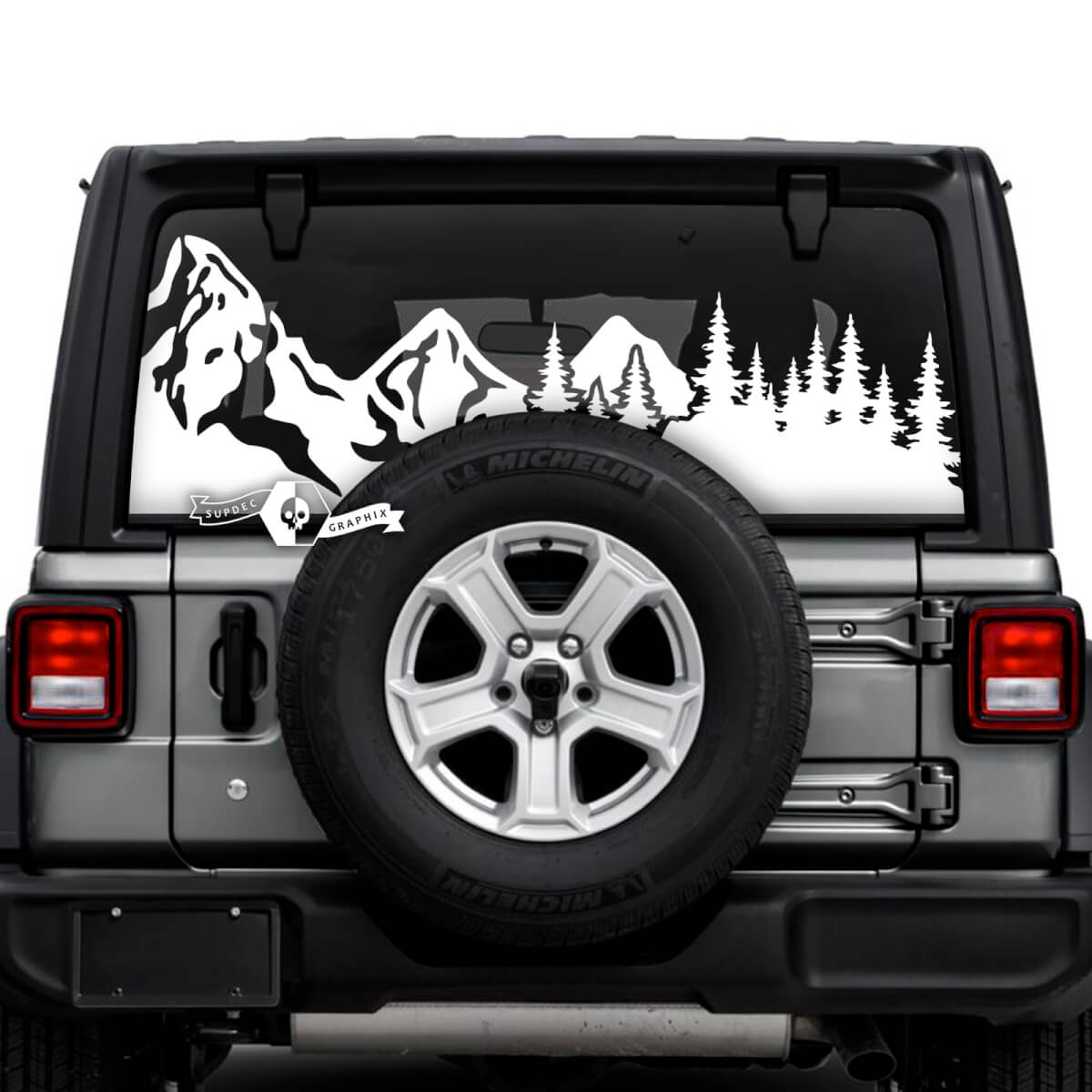 Jeep Wrangler Unlimited Heckscheibe, Schlammspritzer, Berge, Wald, Reifenspur, Aufkleber, Vinyl-Grafik
