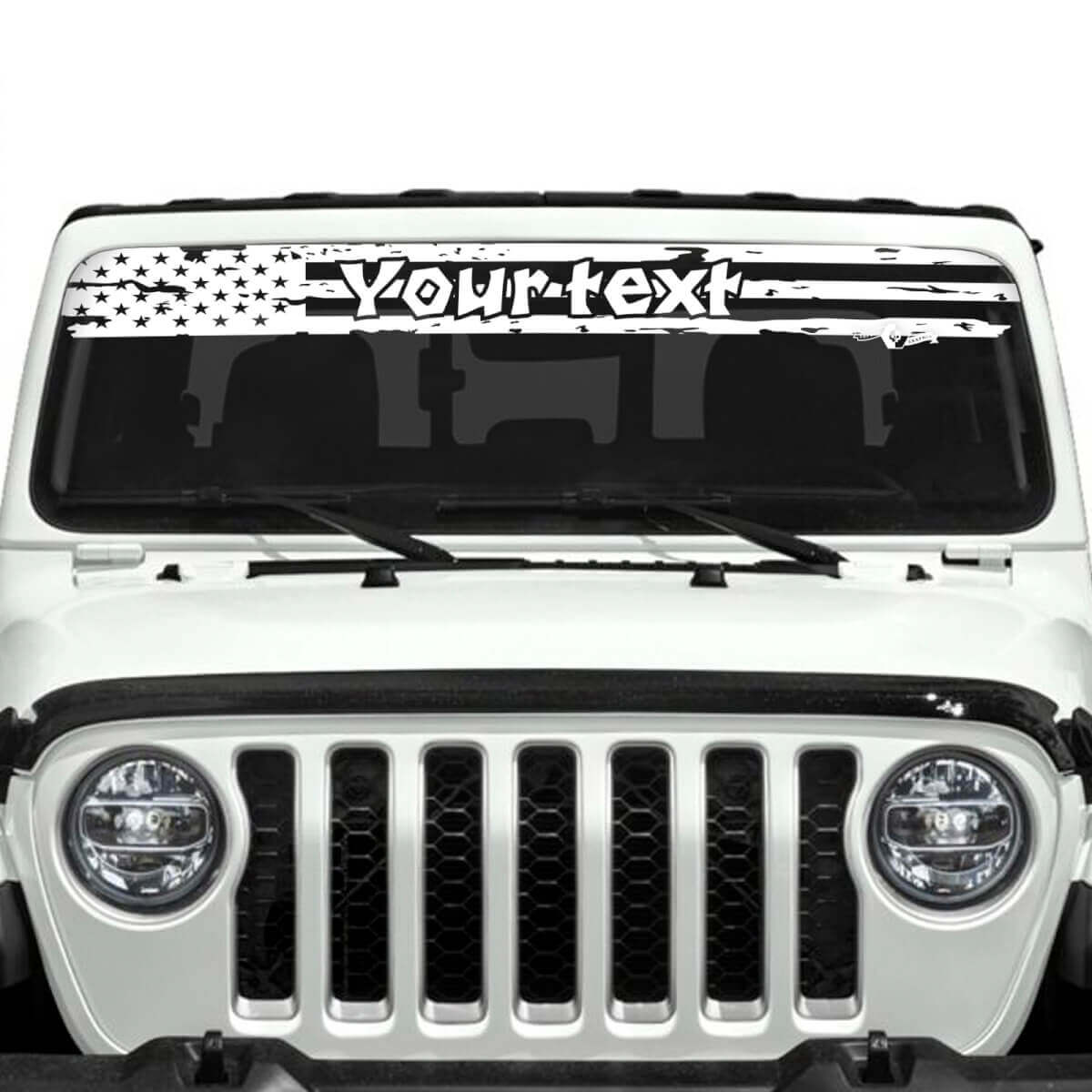 Benutzerdefinierter Text USA-Flagge Zerstörtes Logo Windschutzscheiben Vinylaufkleber für Jeep Gladiator
